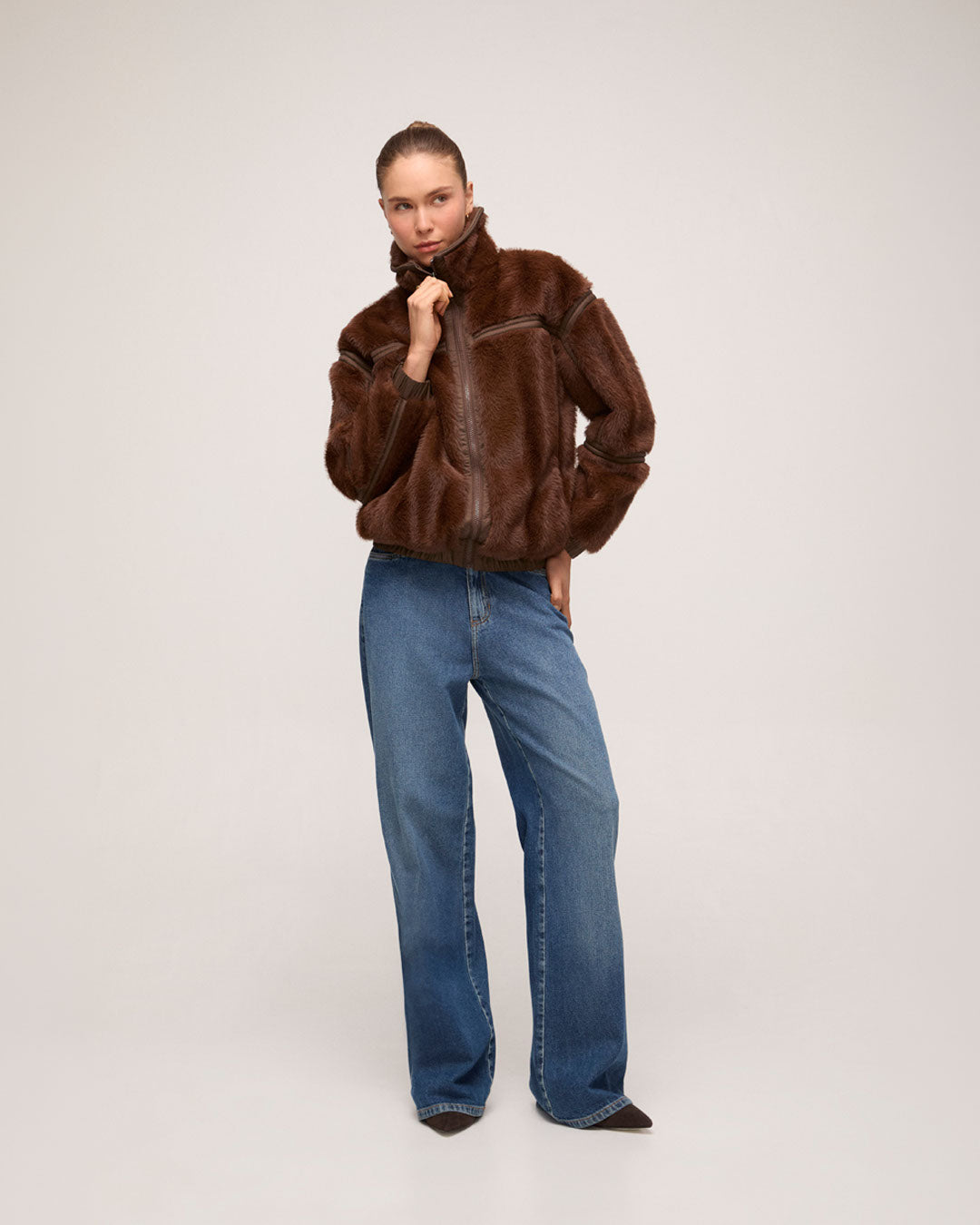 Jaqueta Faux Fur Nylon - Marrom