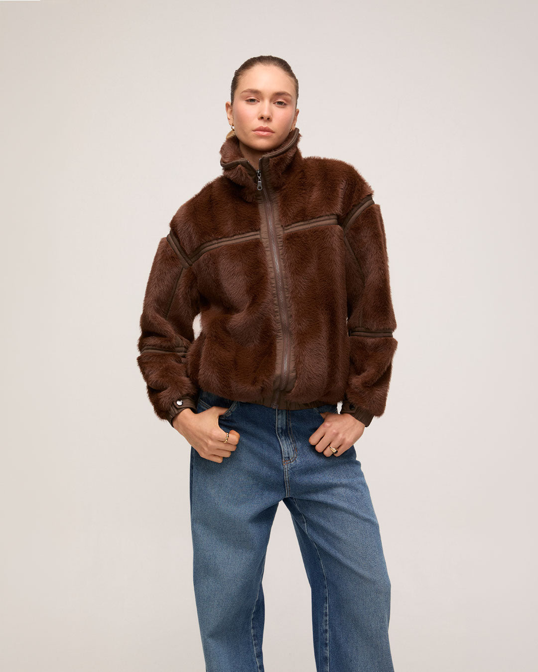Jaqueta Faux Fur Nylon - Marrom
