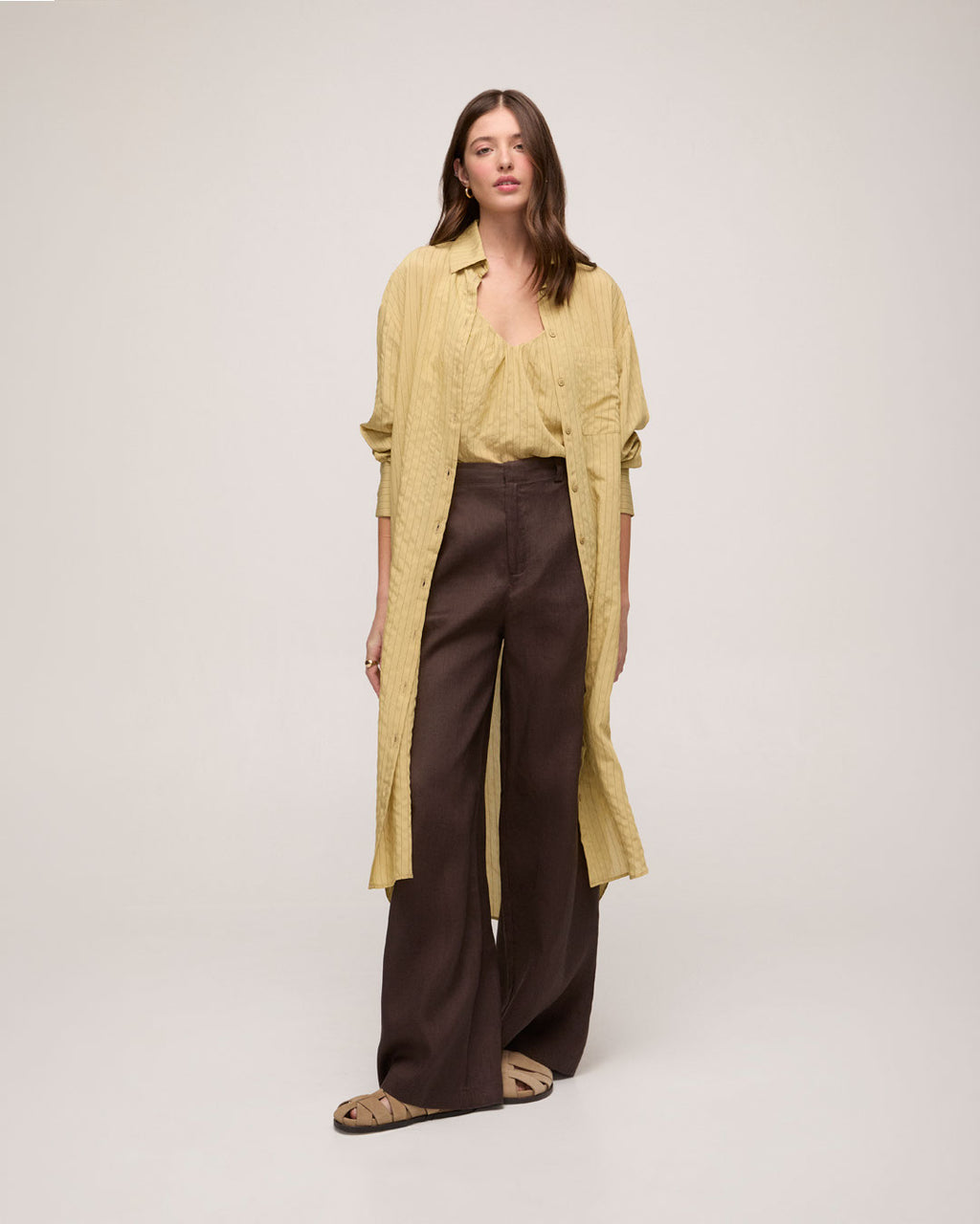 Chemise em Rayon Risca de Giz - Bege Caqui