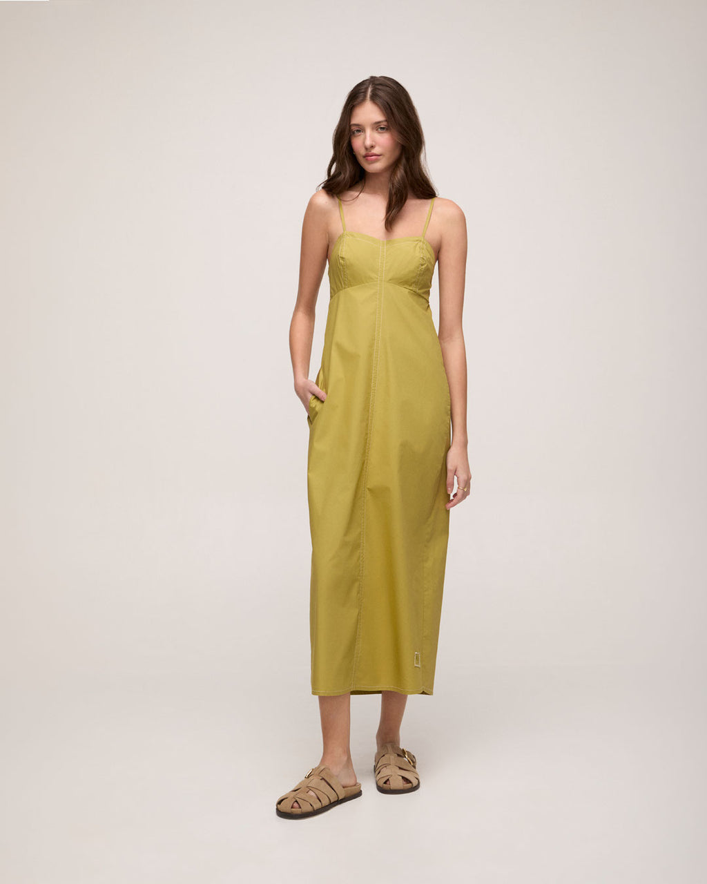 Vestido Midi de Alça em Tricoline de Algodão - Verde Oliva