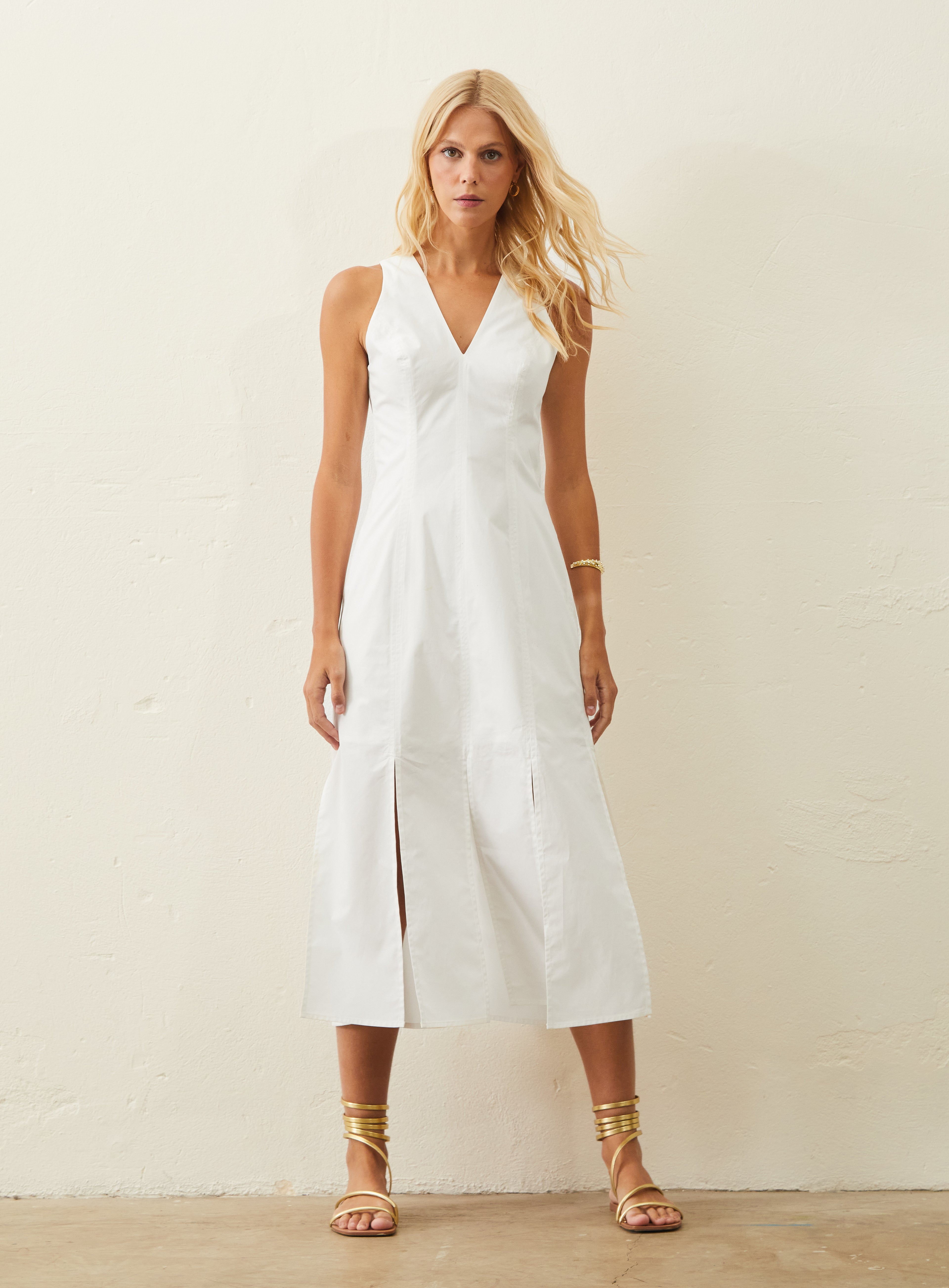 Vestido Midi Em Tricoline - Branco