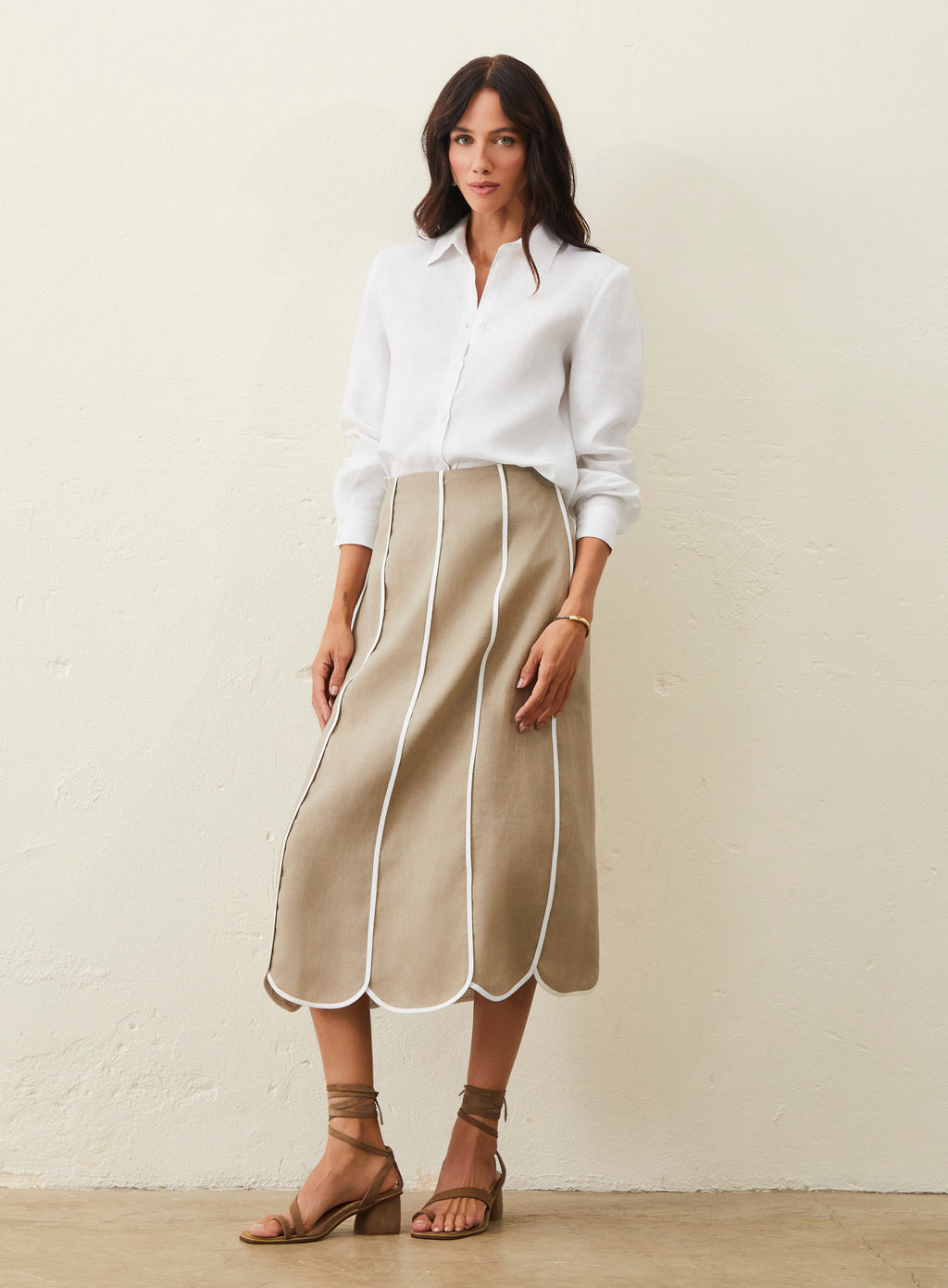 Saia Midi Em Linho Com Detalhe Bicolor - Bege