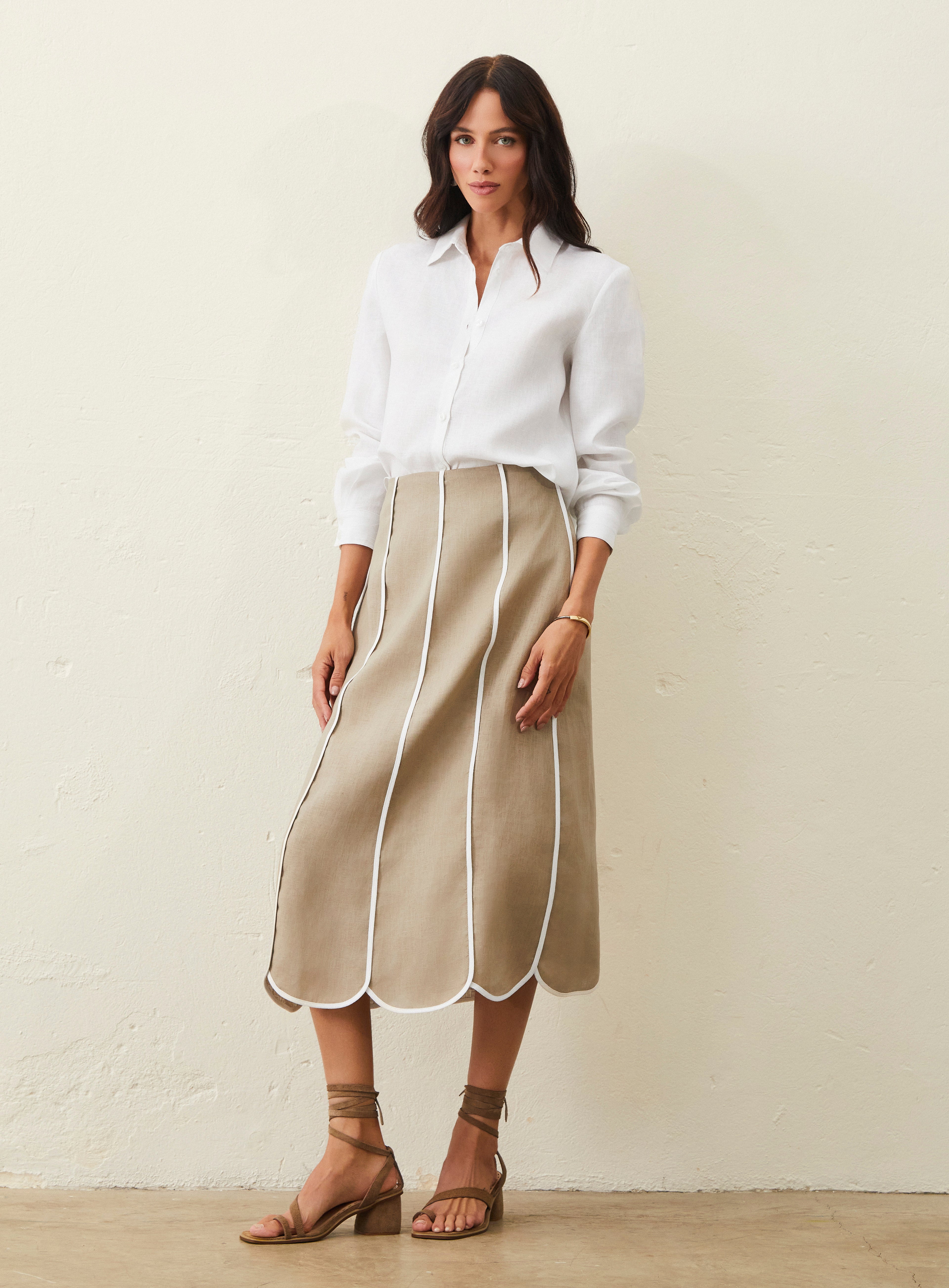 Saia Midi Em Linho Com Detalhe Bicolor - Bege