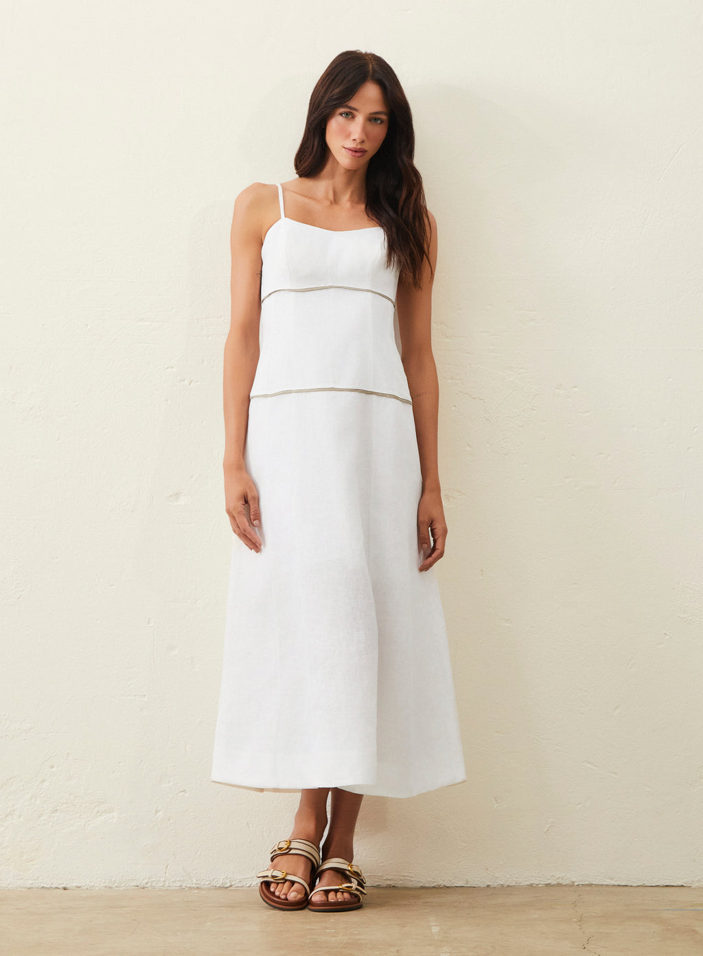 Vestido Midi Linho Com Detalhe Bicolor - Off-white