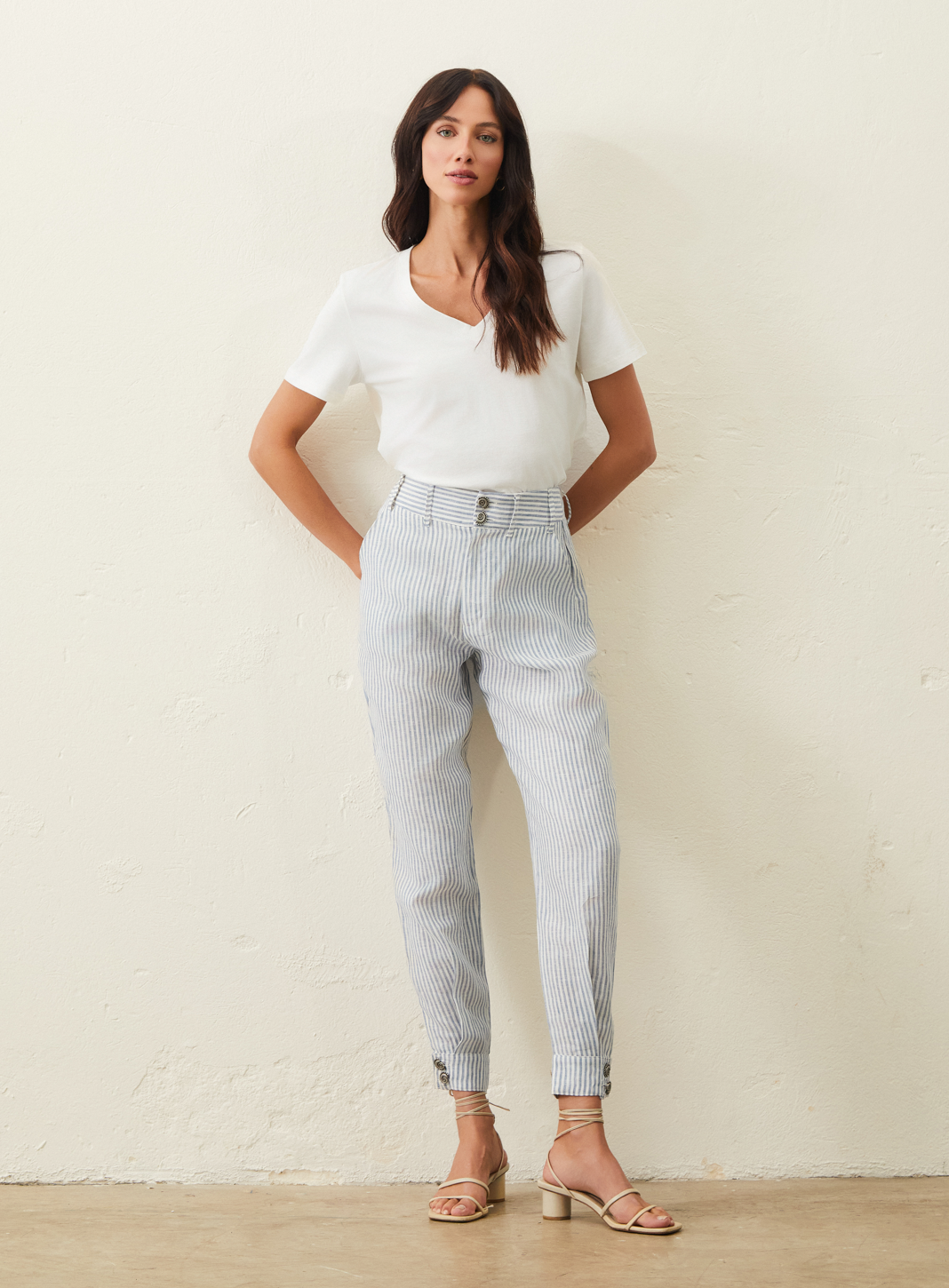 Calça De Linho Listrada - Azul