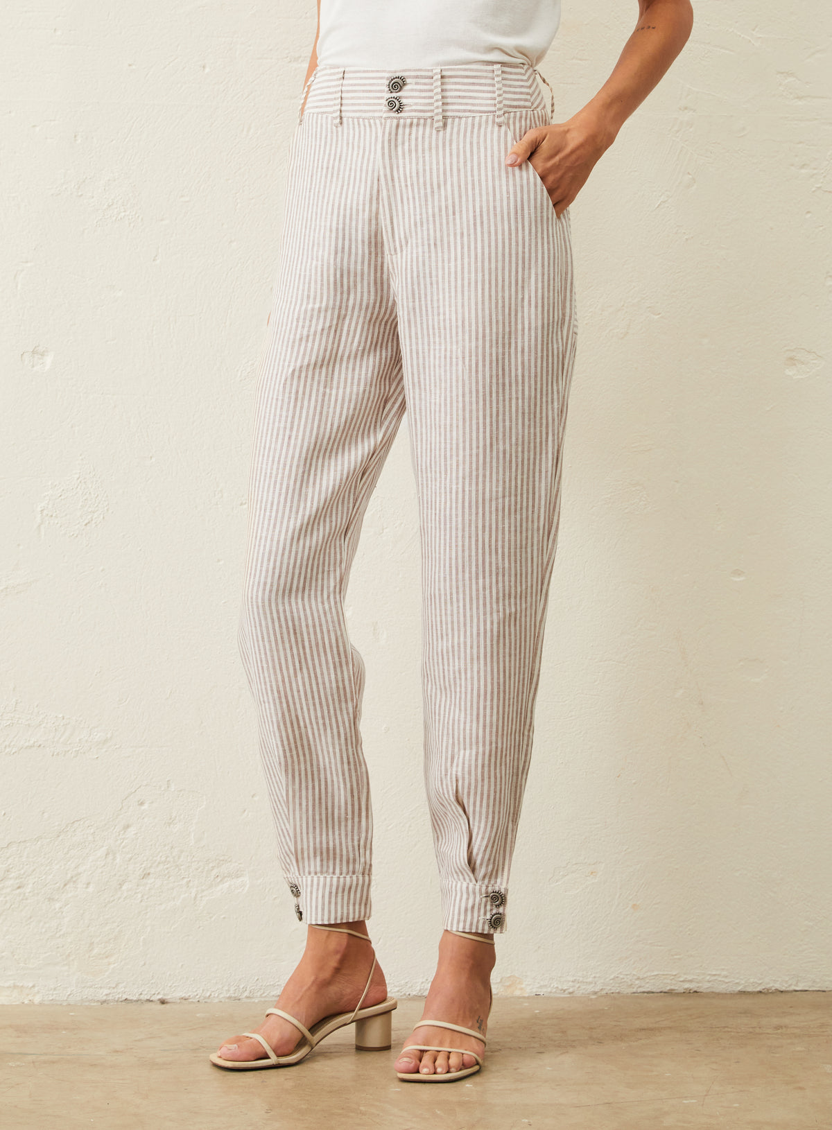 Calça De Linho Listrada - Bege