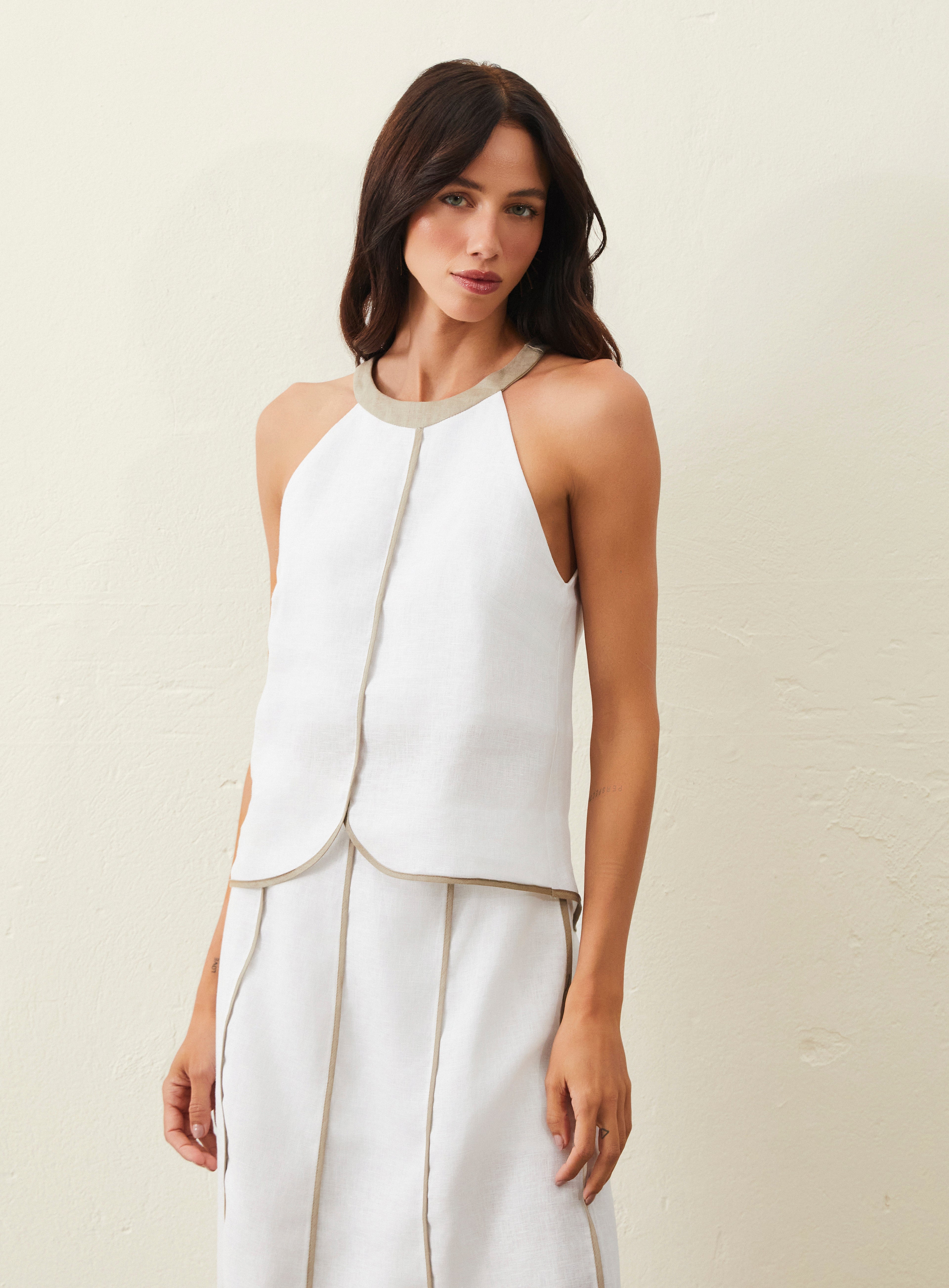 Blusa De Linho Com Detalhe Bicolor - Off-White