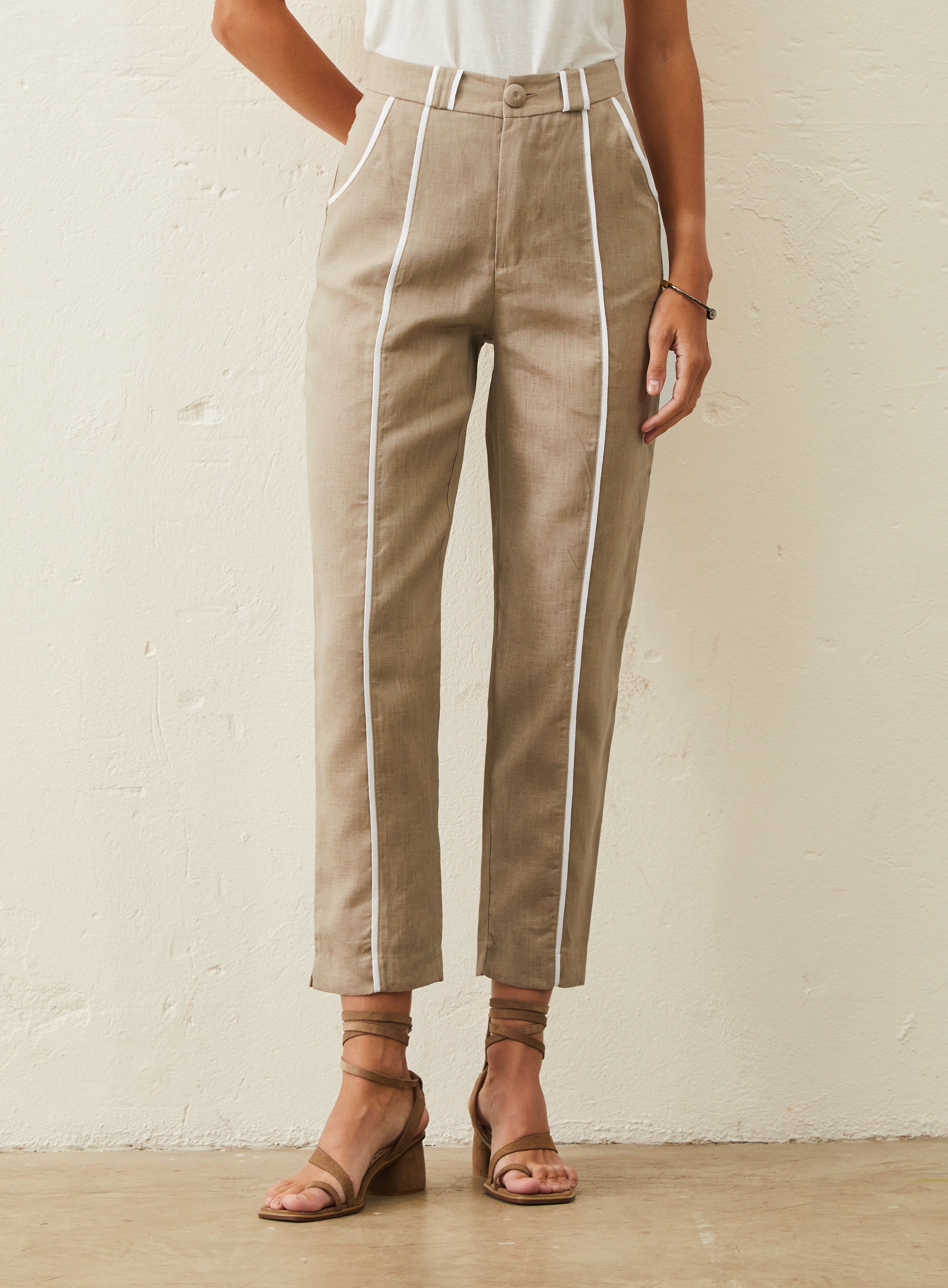 Calça De Linho Com Detalhe Bicolor - Bege