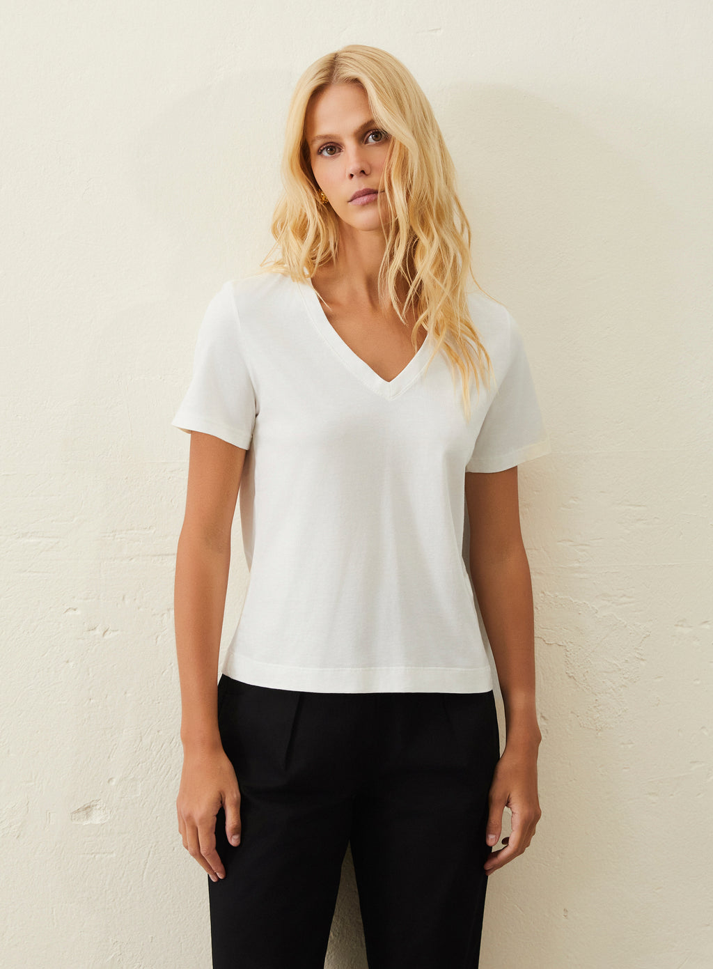 Camiseta De Malha Pima Gola V - Off-White