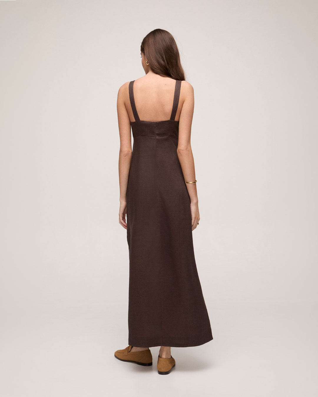 Vestido Midi Em Linho - Marrom