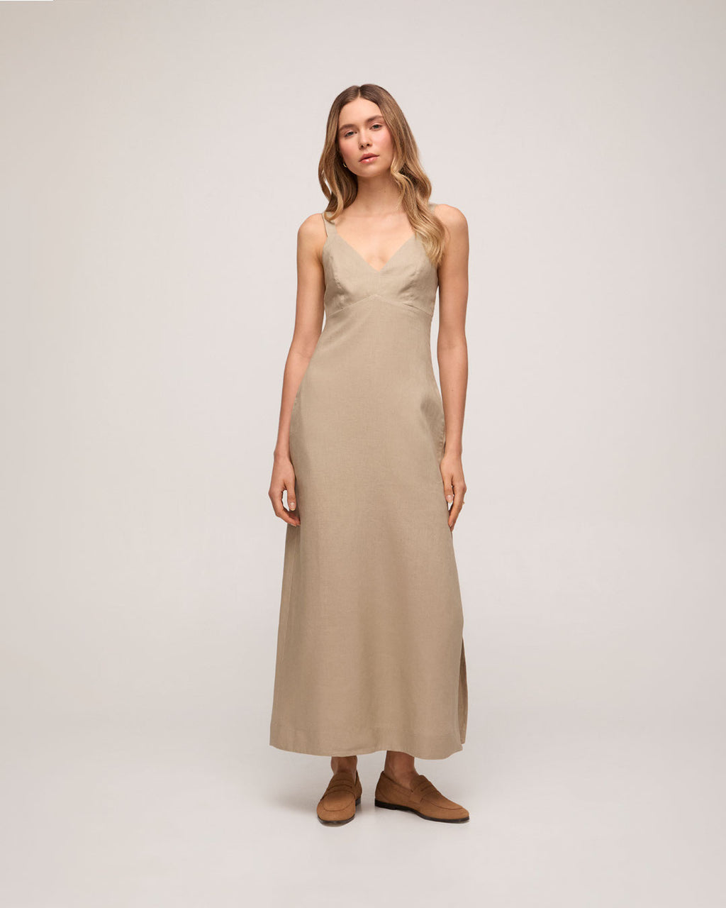 Vestido Midi Em Linho - Bege Claro
