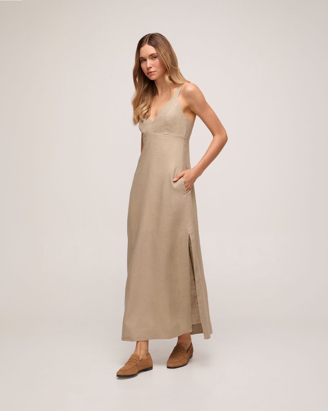 Vestido Midi Em Linho - Bege Claro