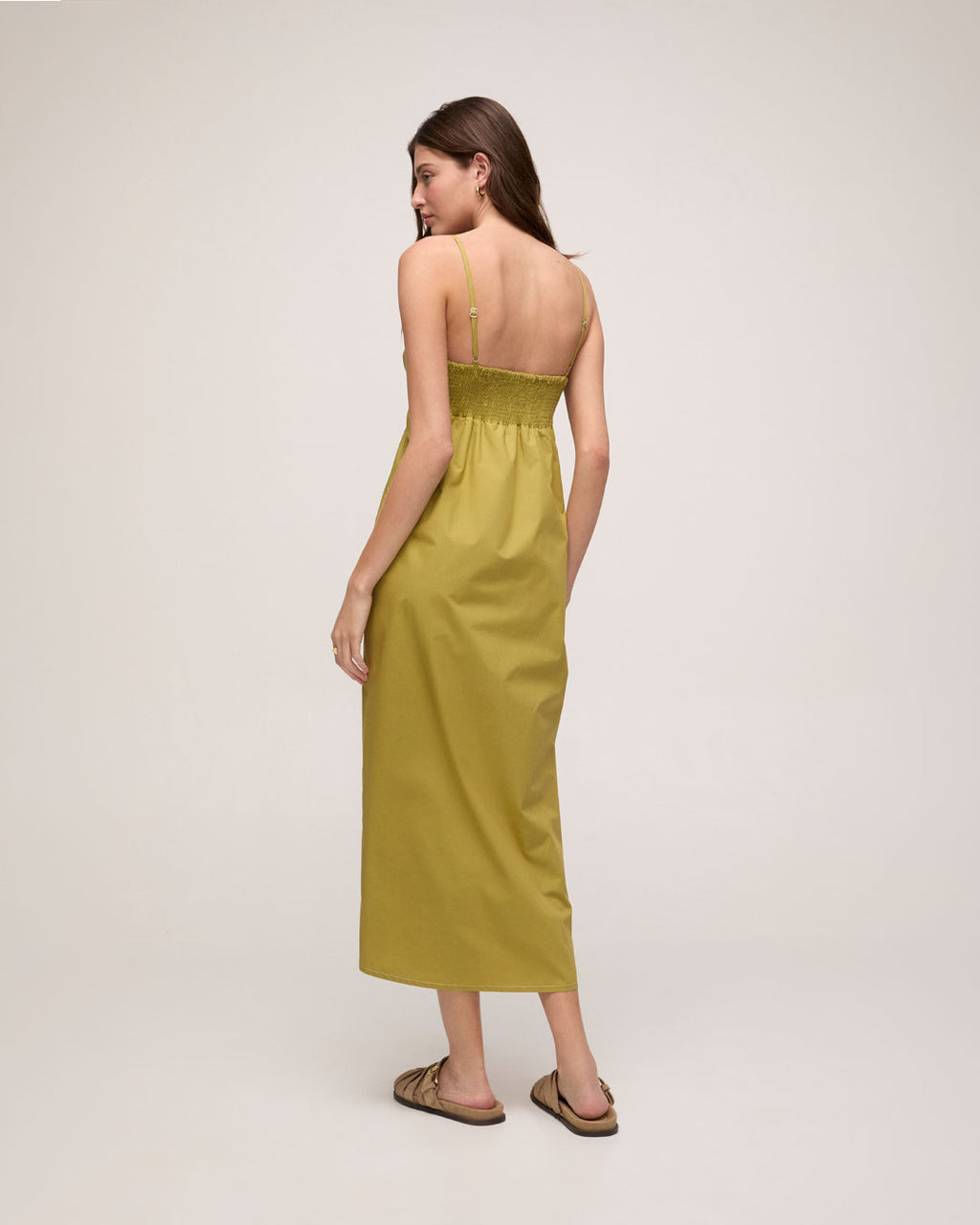 Vestido Midi de Alça em Tricoline de Algodão - Verde Oliva