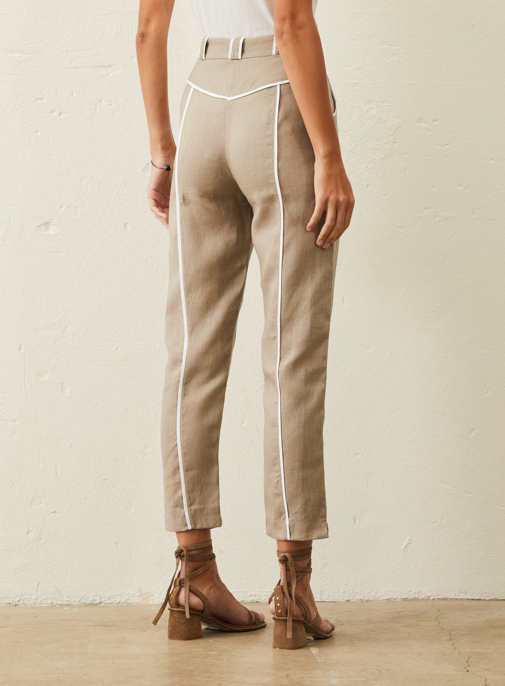 Calça De Linho Com Detalhe Bicolor - Bege