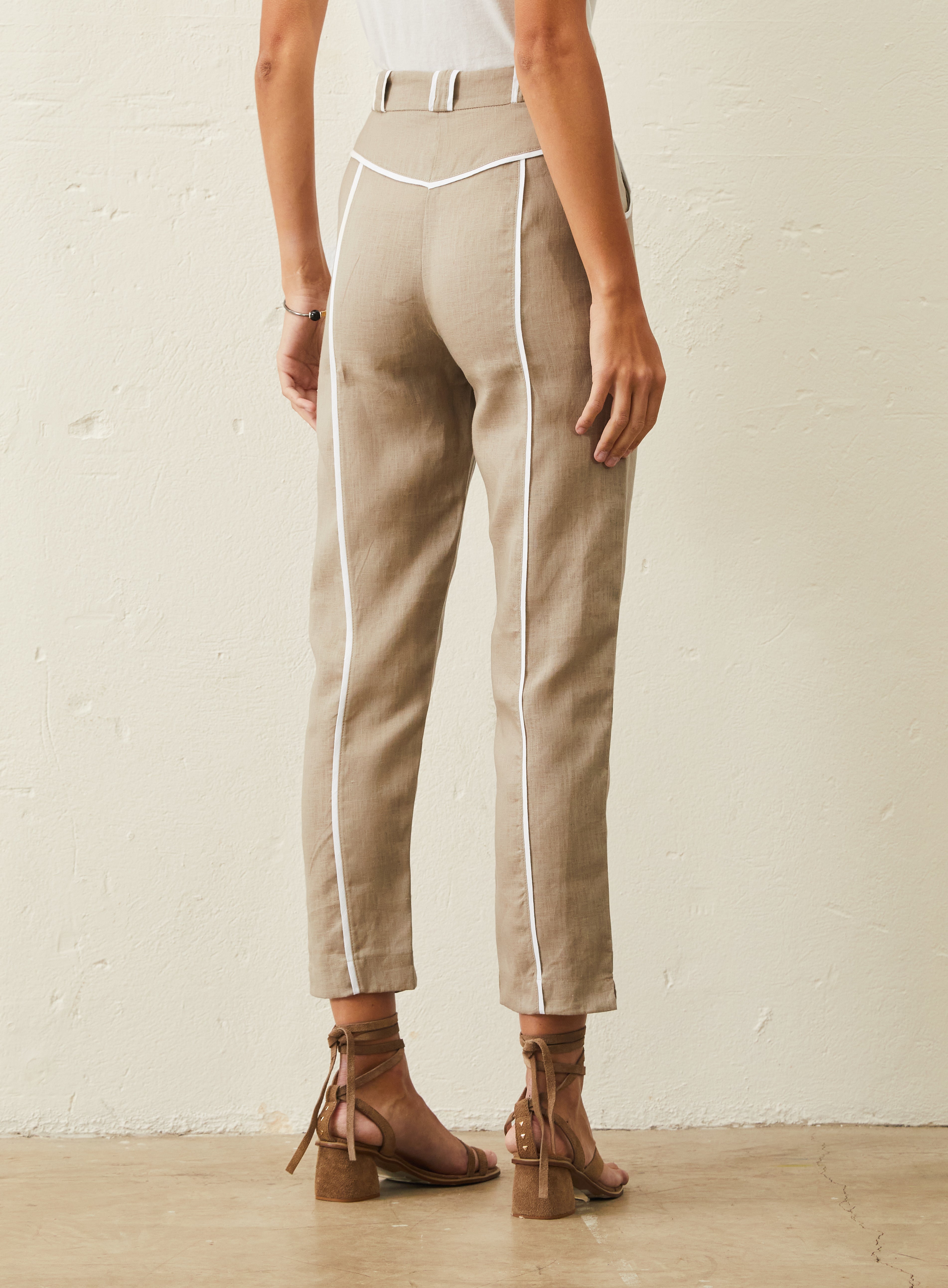 Calça De Linho Com Detalhe Bicolor - Bege