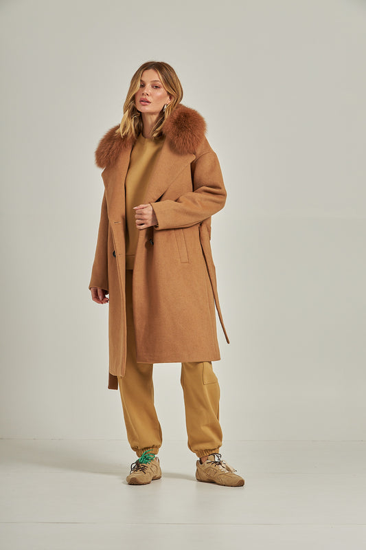 Trench coat de pele gola fox - Caramelo