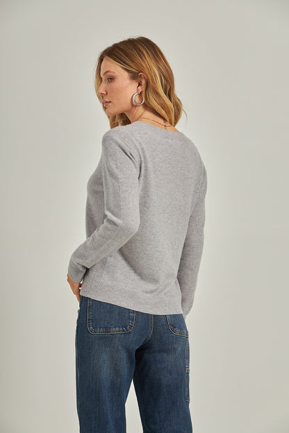 Sueter 100% cashmere gola V - Cinza