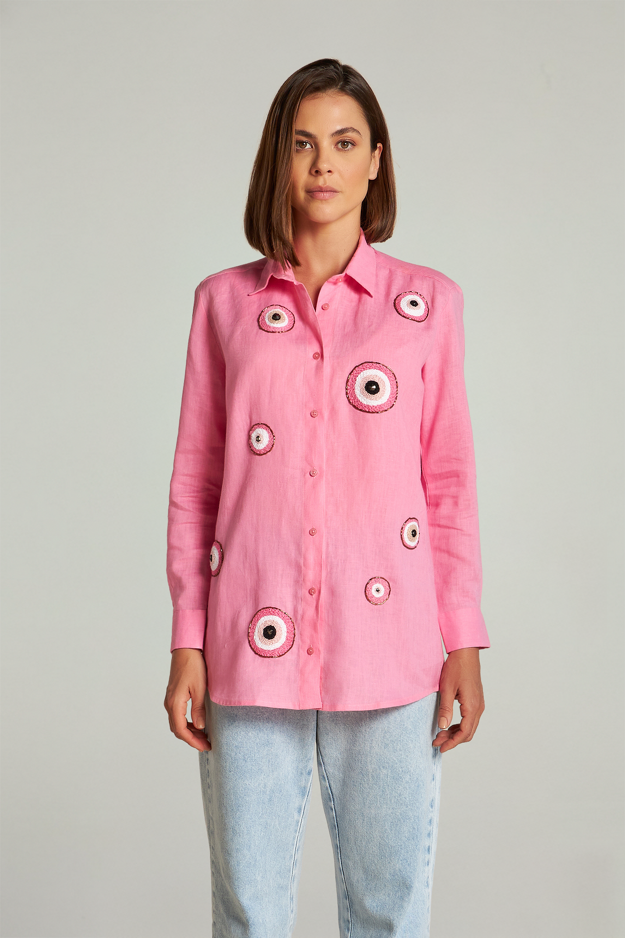 Camisão em linho bordado -  Rosa