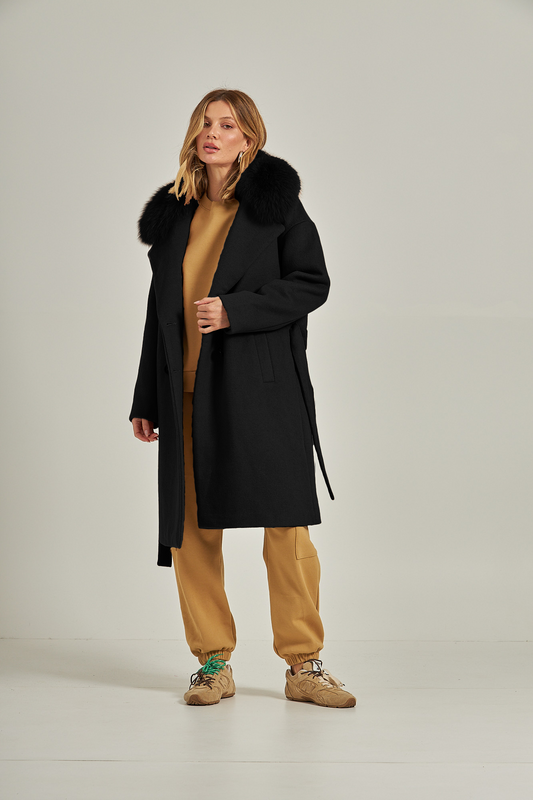 Trench coat de pele gola fox - Preto