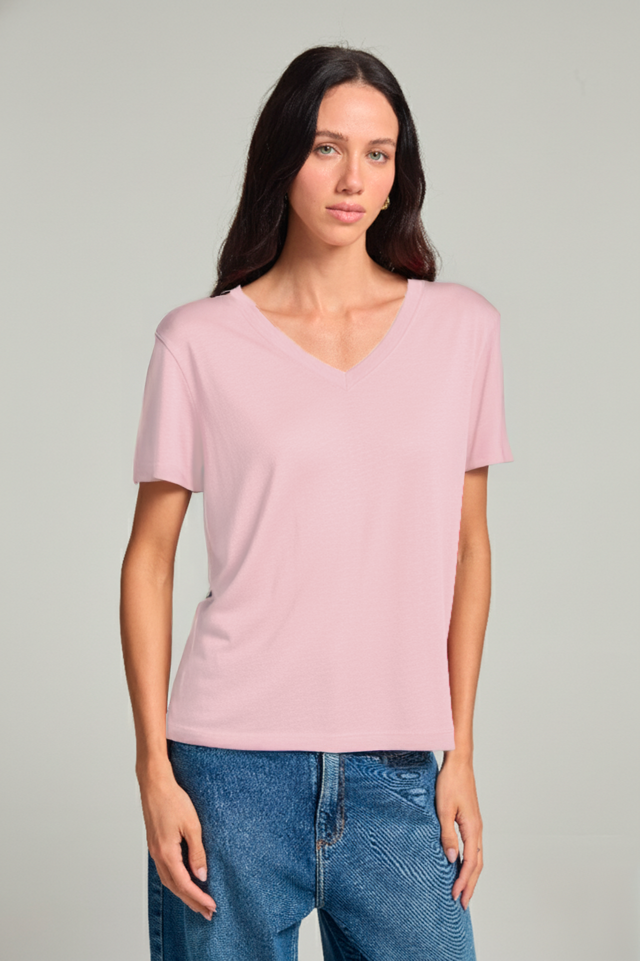 Camiseta gola v em viscolinho - Rosa