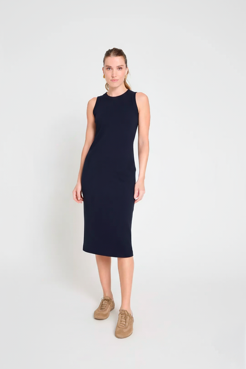 Vestido midi canelado em malha - Marinho
