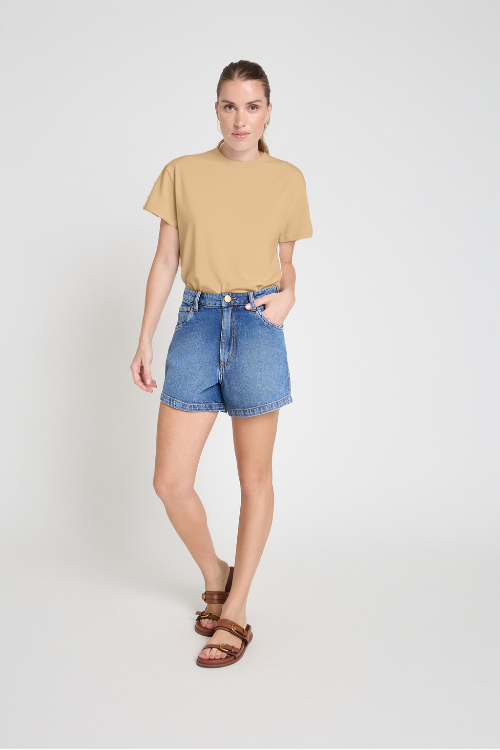 Camiseta decote redondo em algodão pima -  Camelo