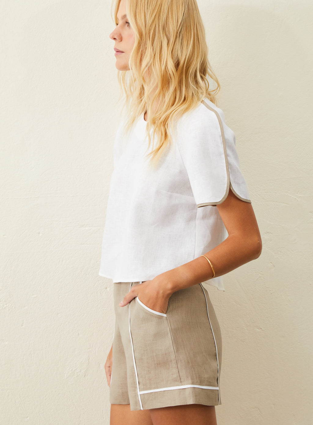 Blusa Em Linho Com Detalhe Bicolor - Off-White