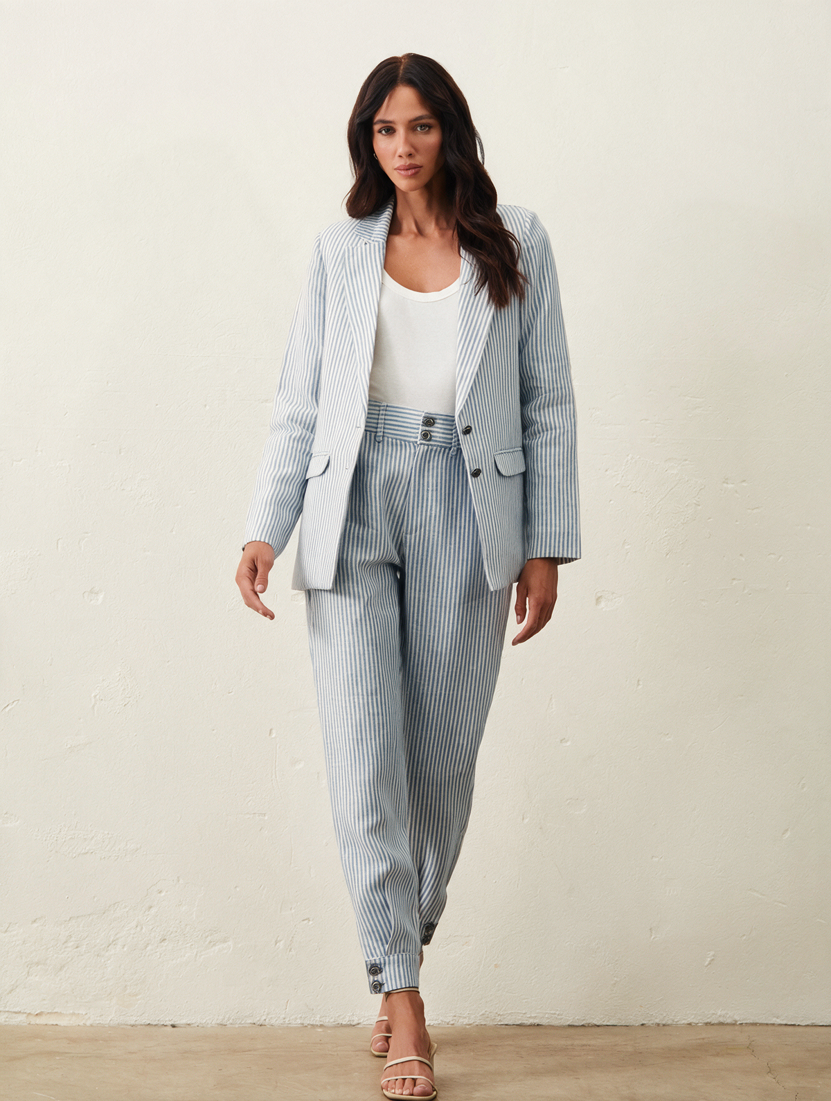 Blazer De Linho Listrado - Azul