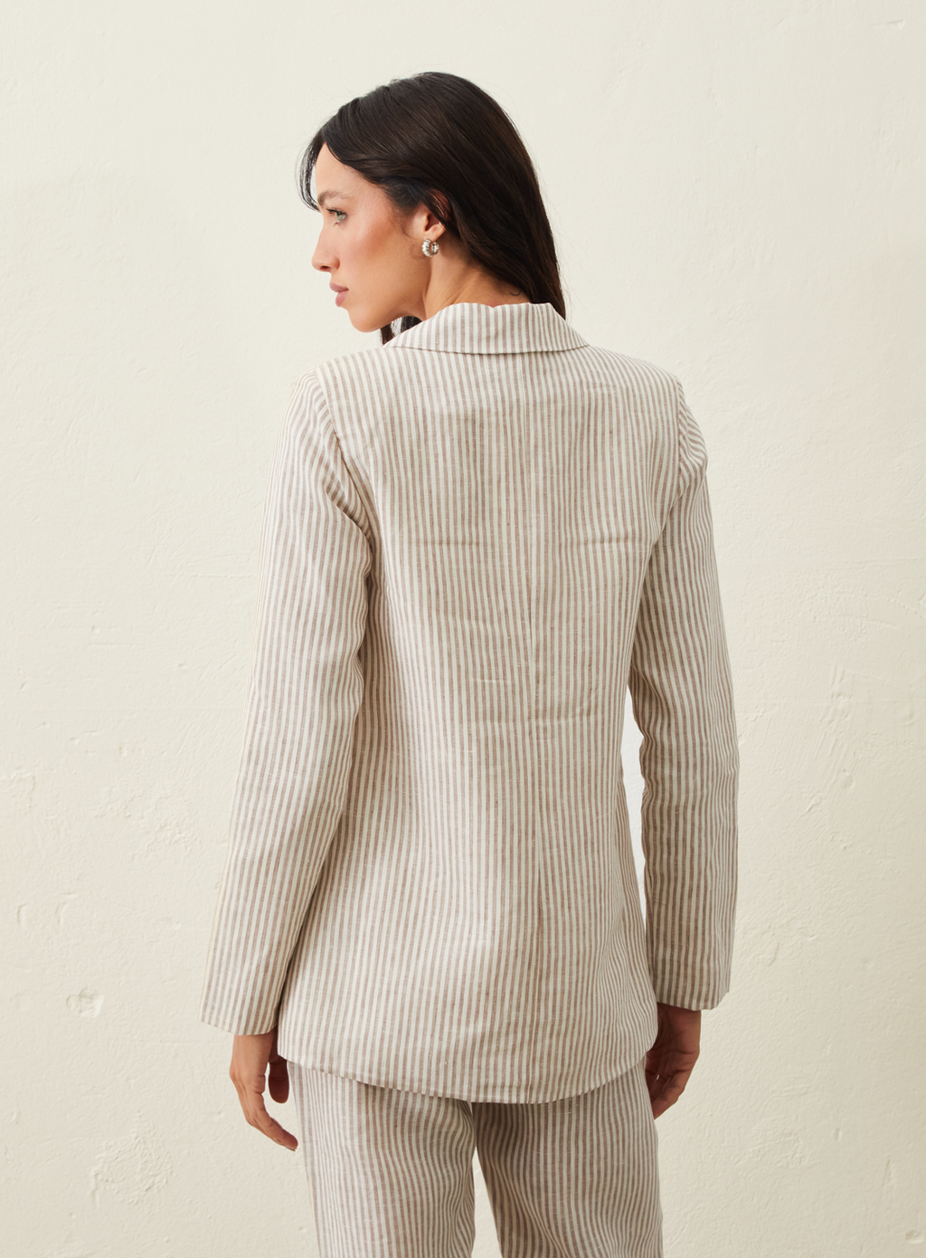 Blazer De Linho Listrado - Bege
