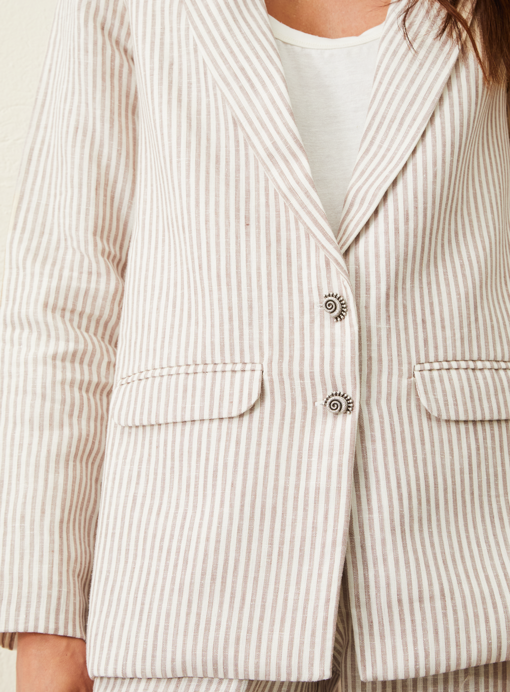 Blazer De Linho Listrado - Bege