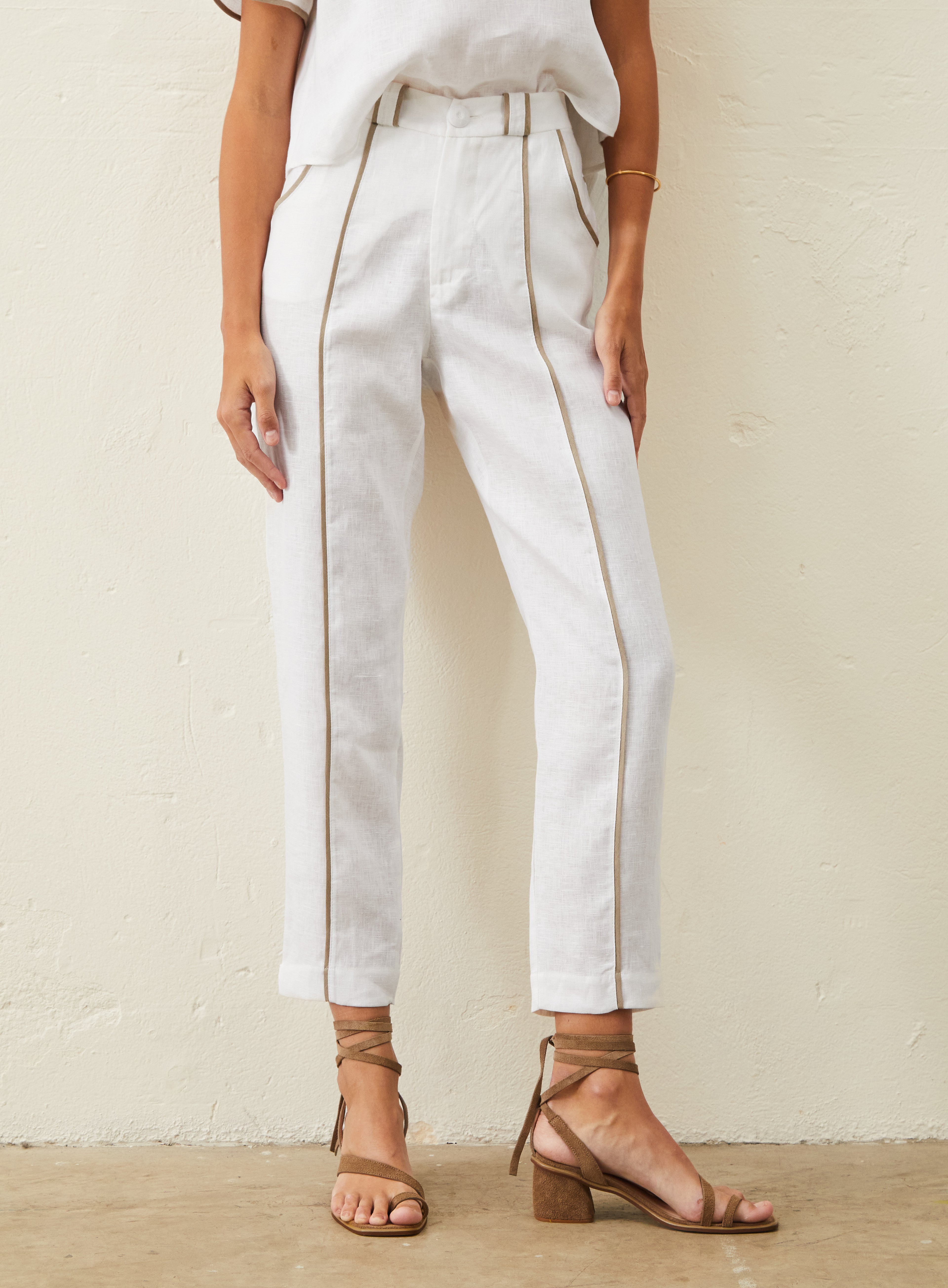 Calça De Linho Com Detalhe Bicolor - Off-White