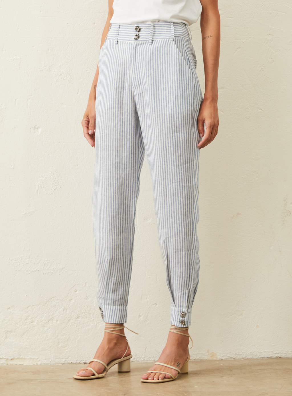 Calça De Linho Listrada - Azul