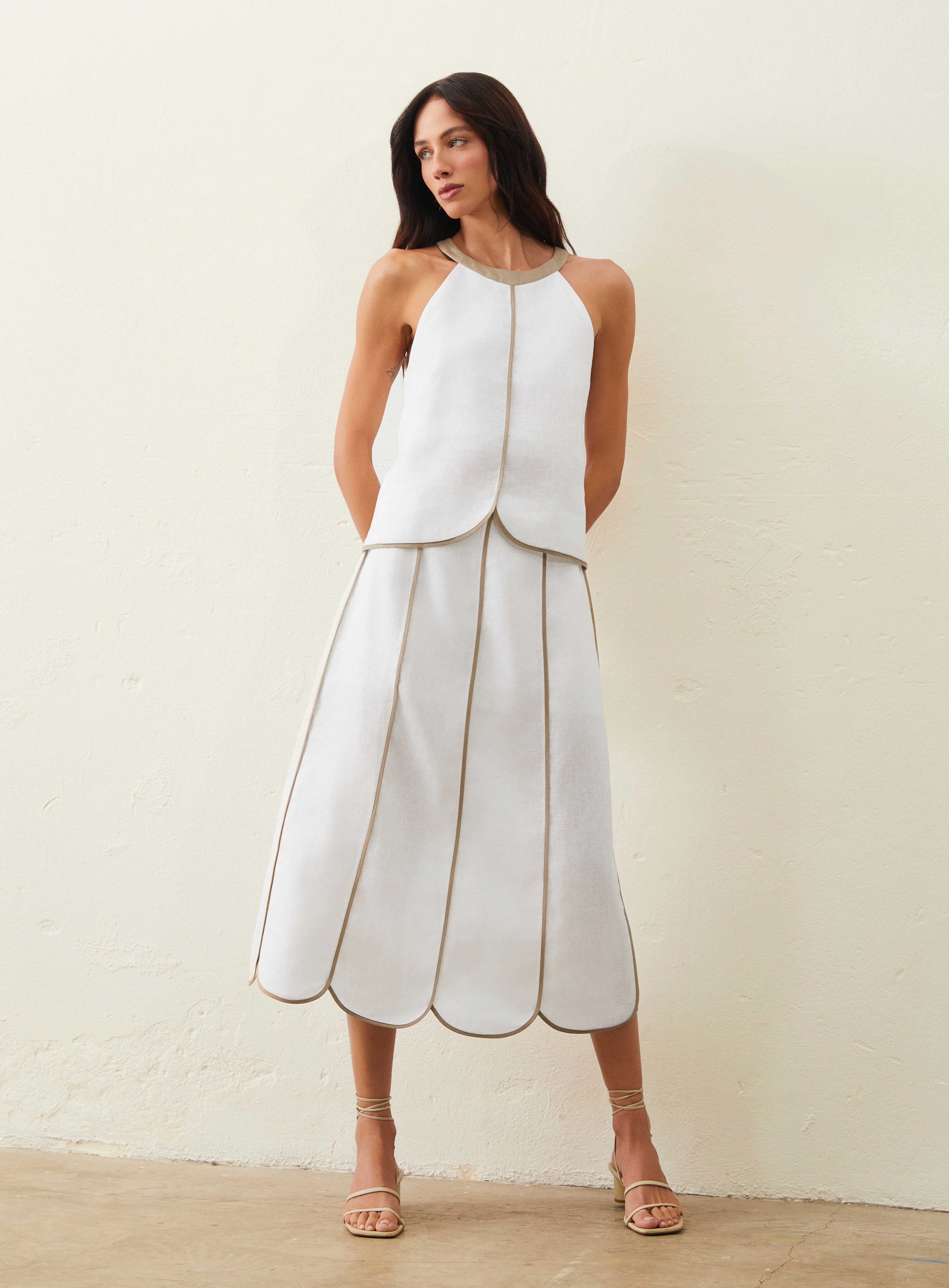 Saia Midi Em Linho Com Detalhe Bicolor - Off-White
