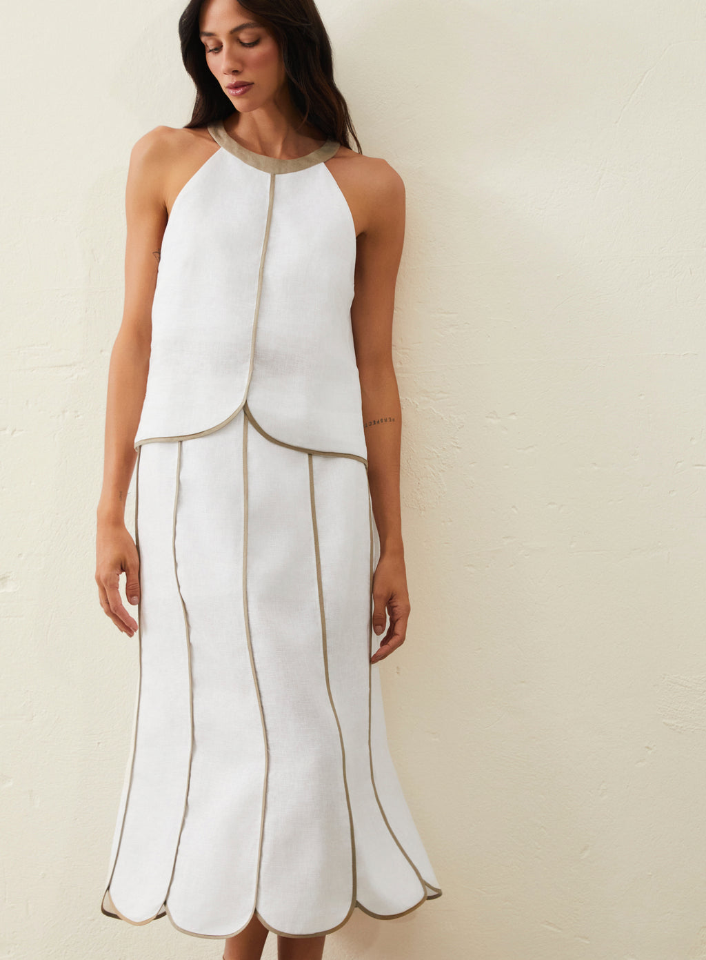 Saia Midi Em Linho Com Detalhe Bicolor - Off-White