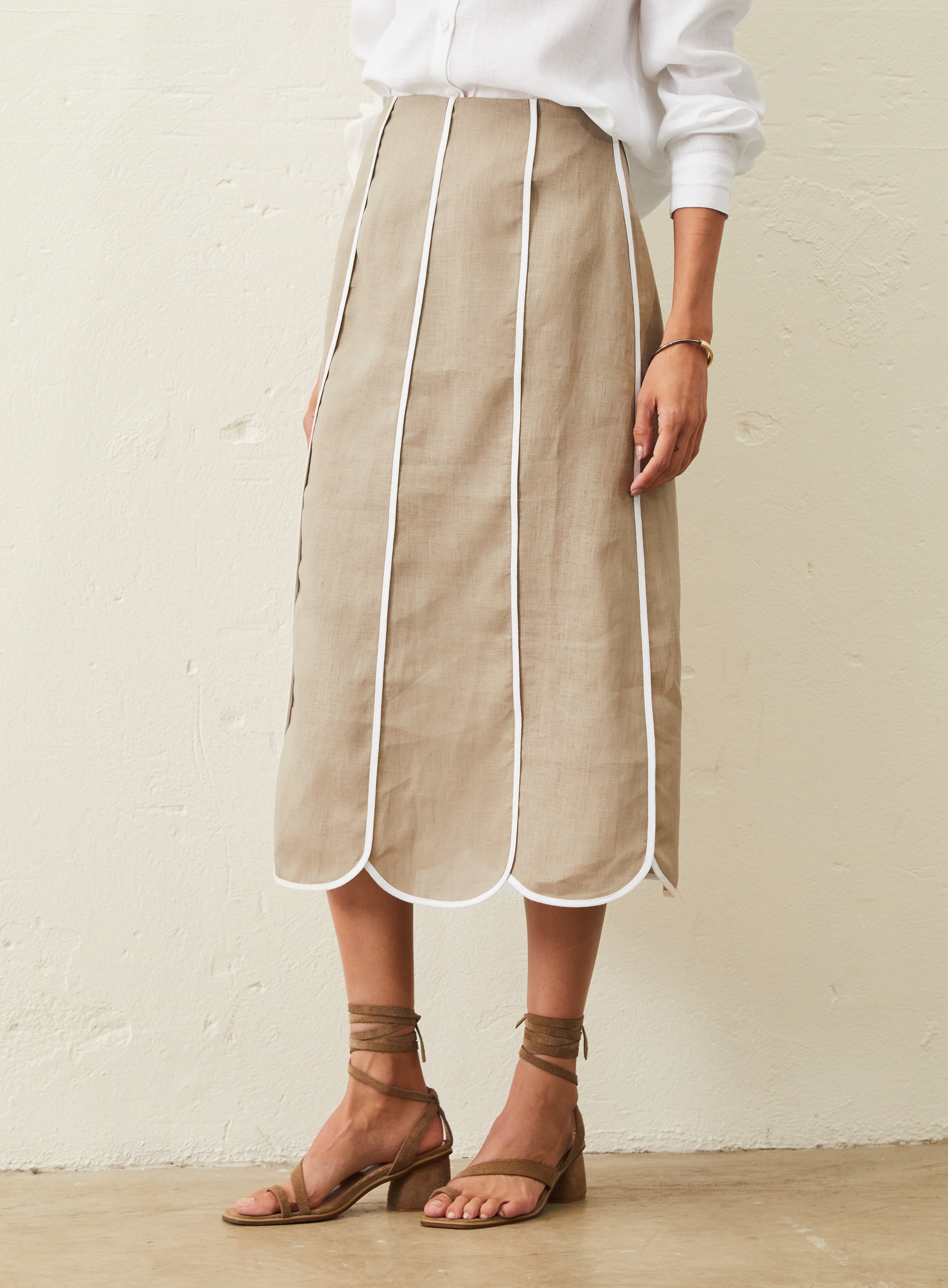 Saia Midi Em Linho Com Detalhe Bicolor - Bege