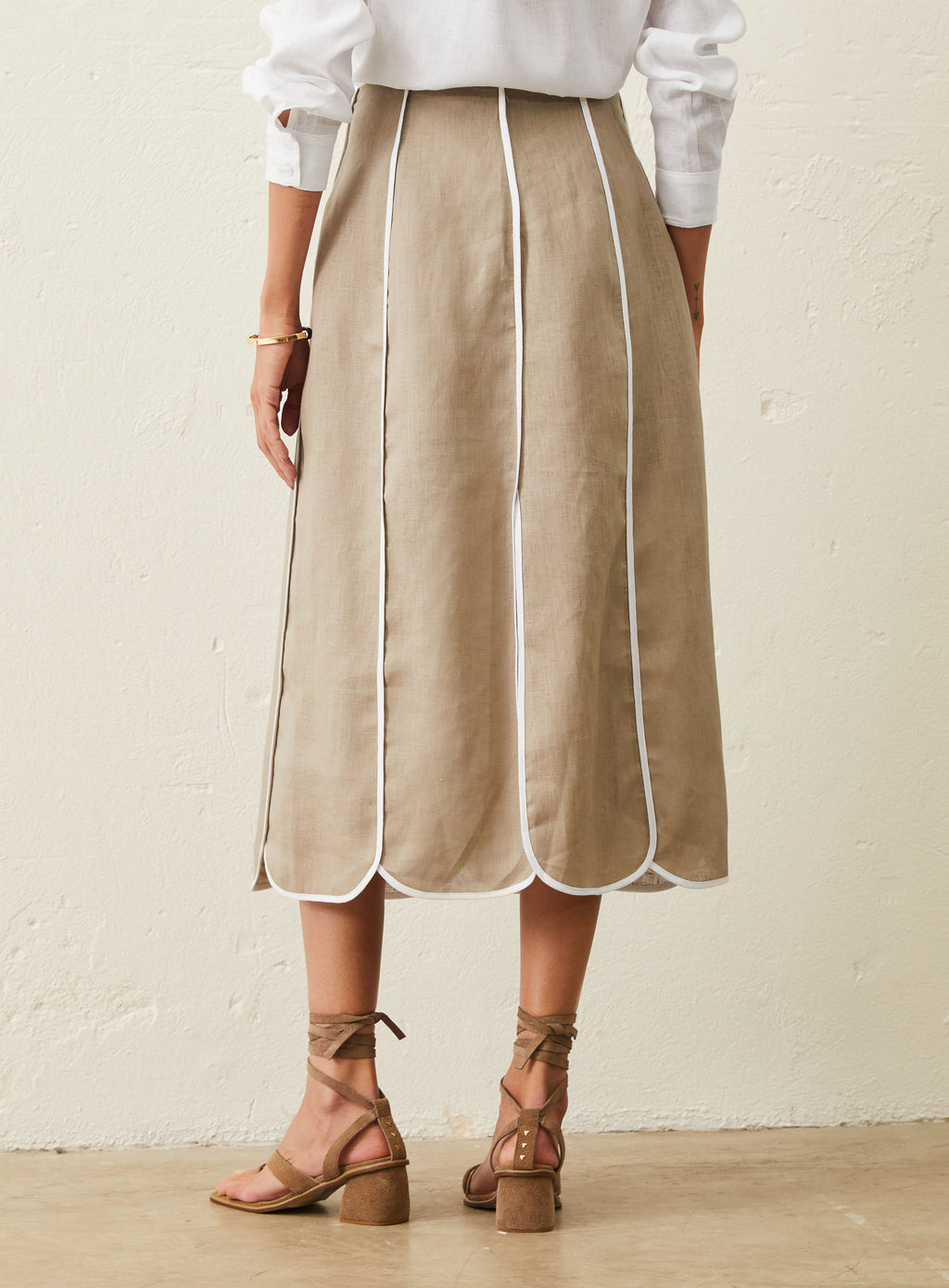 Saia Midi Em Linho Com Detalhe Bicolor - Bege