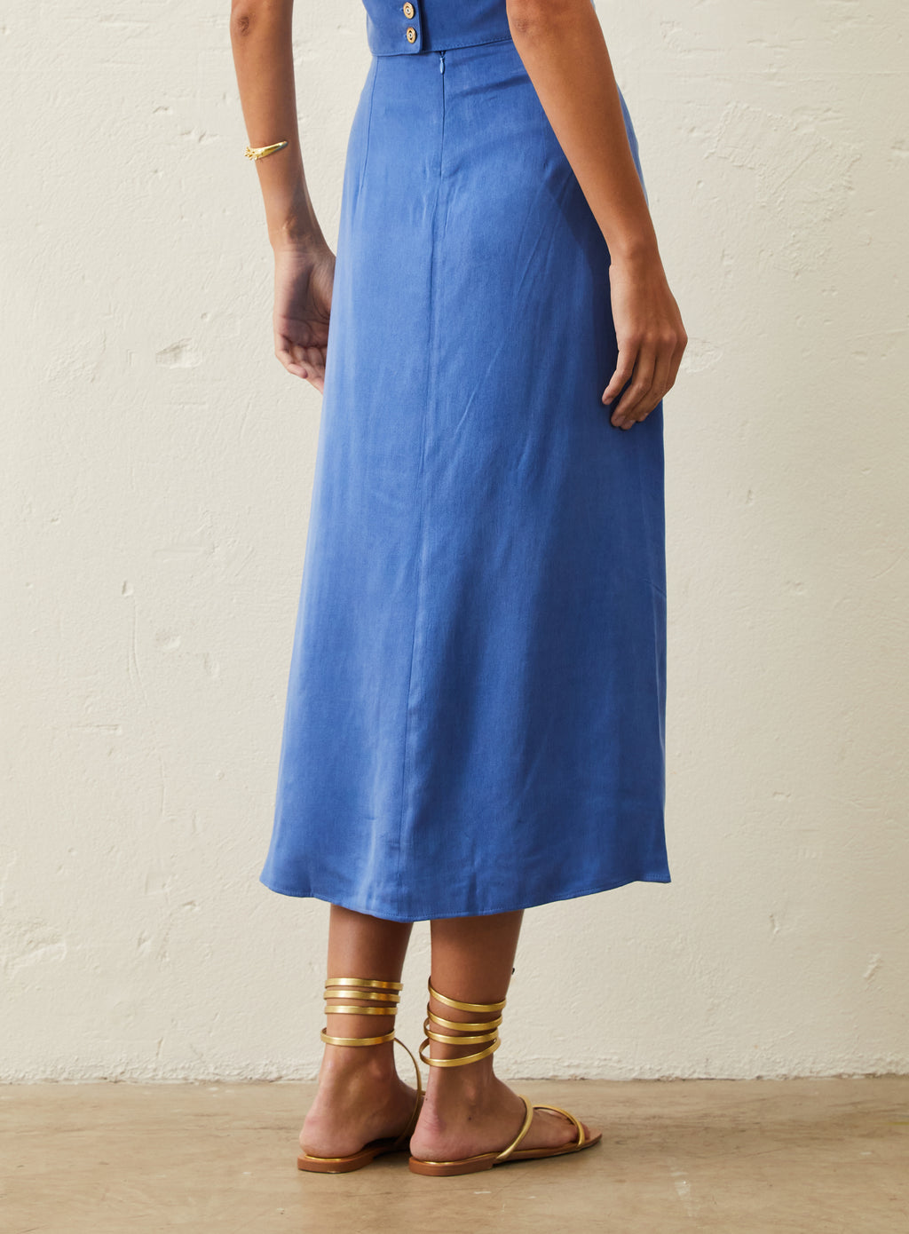 Saia Midi Em Cupro - Azul