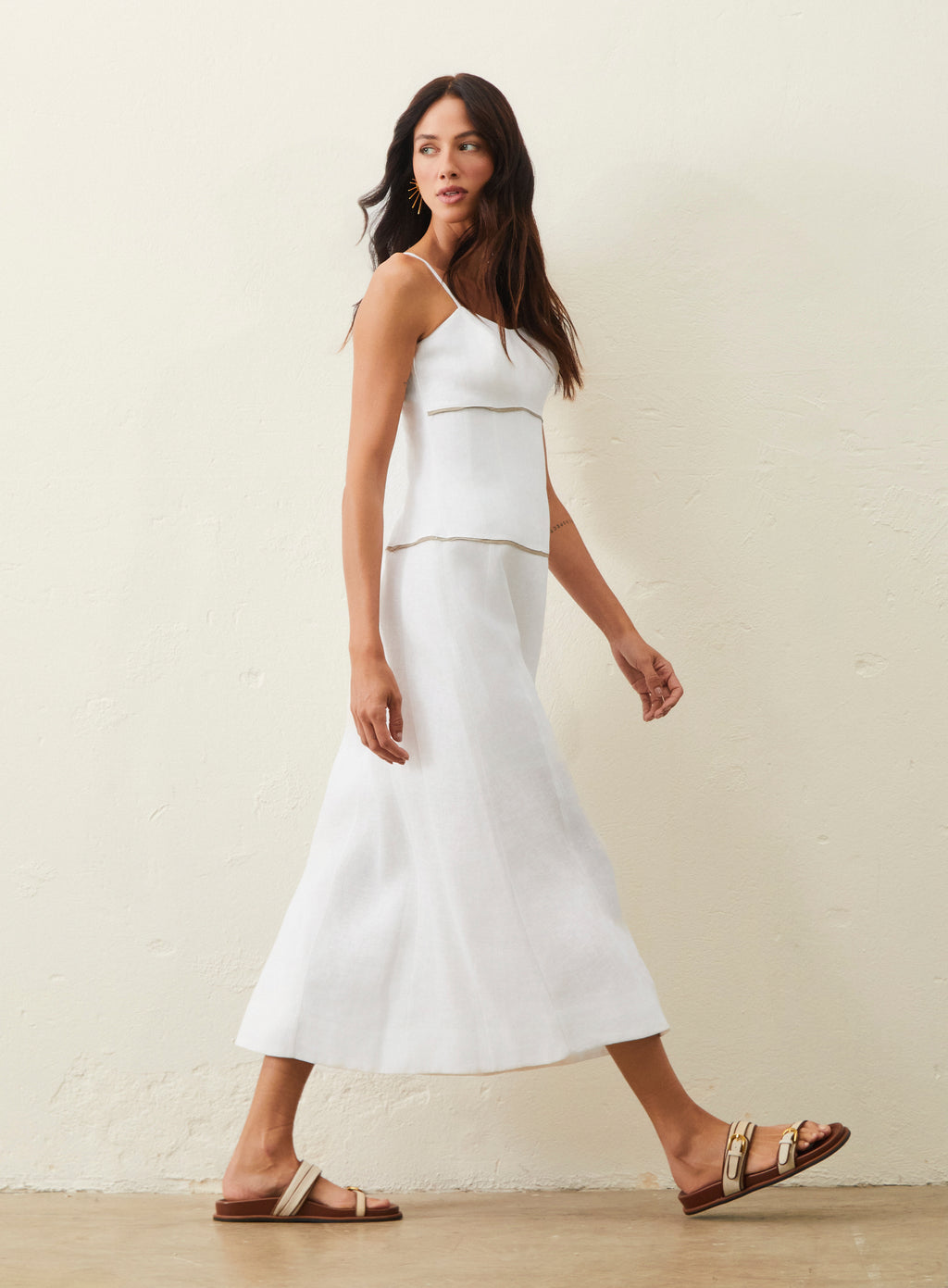 Vestido Midi Linho Com Detalhe Bicolor - Off-white