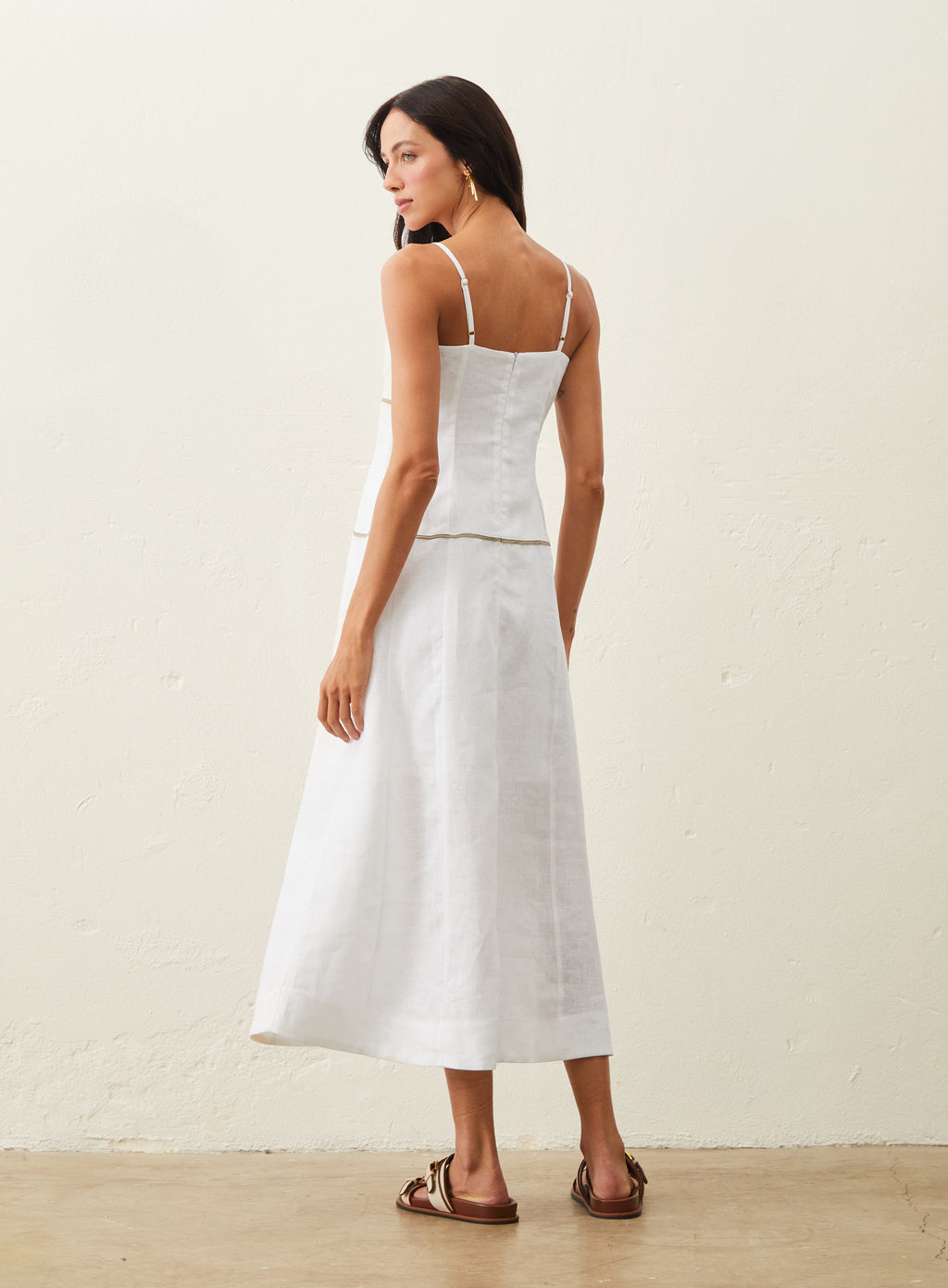 Vestido Midi Linho Com Detalhe Bicolor - Off-white
