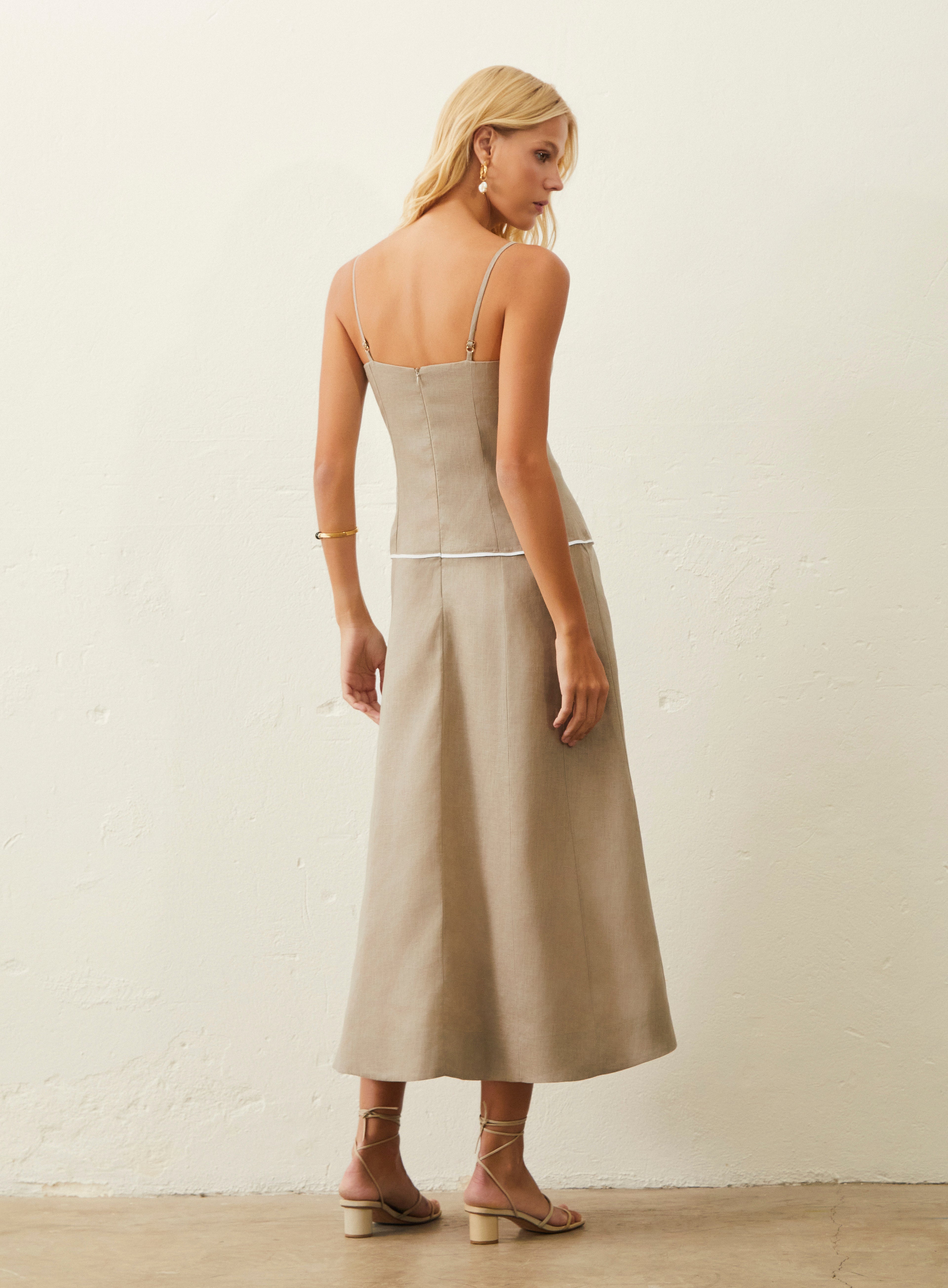 Vestido Midi Linho Com Detalhe Bicolor - Bege