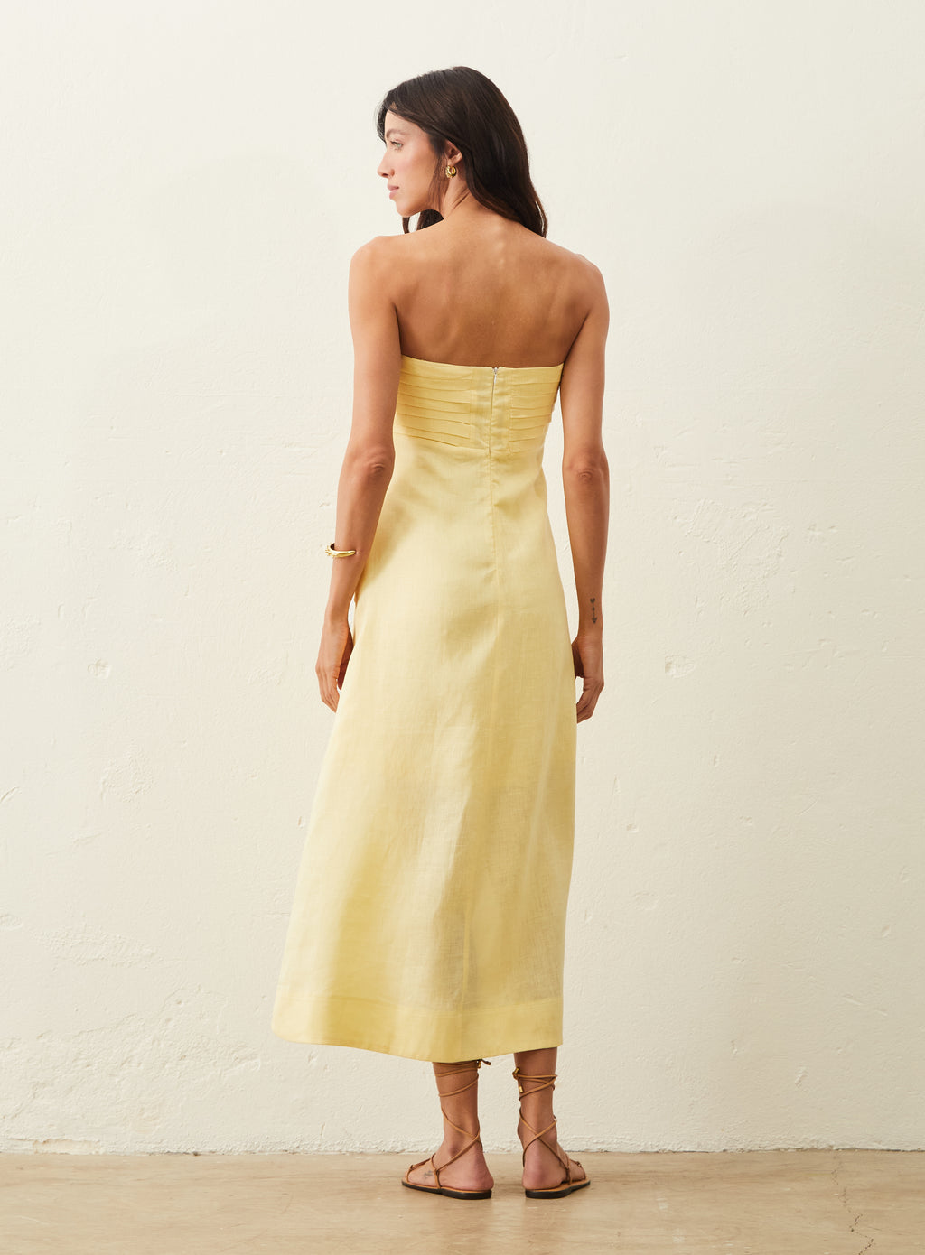 Vestido Midi De Linho Sem Alça - Amarelo