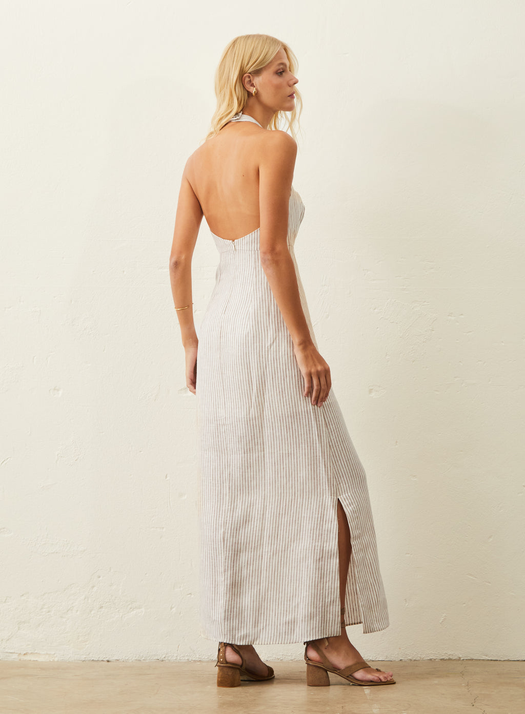 Vestido Midi De Linho Listrado - Bege