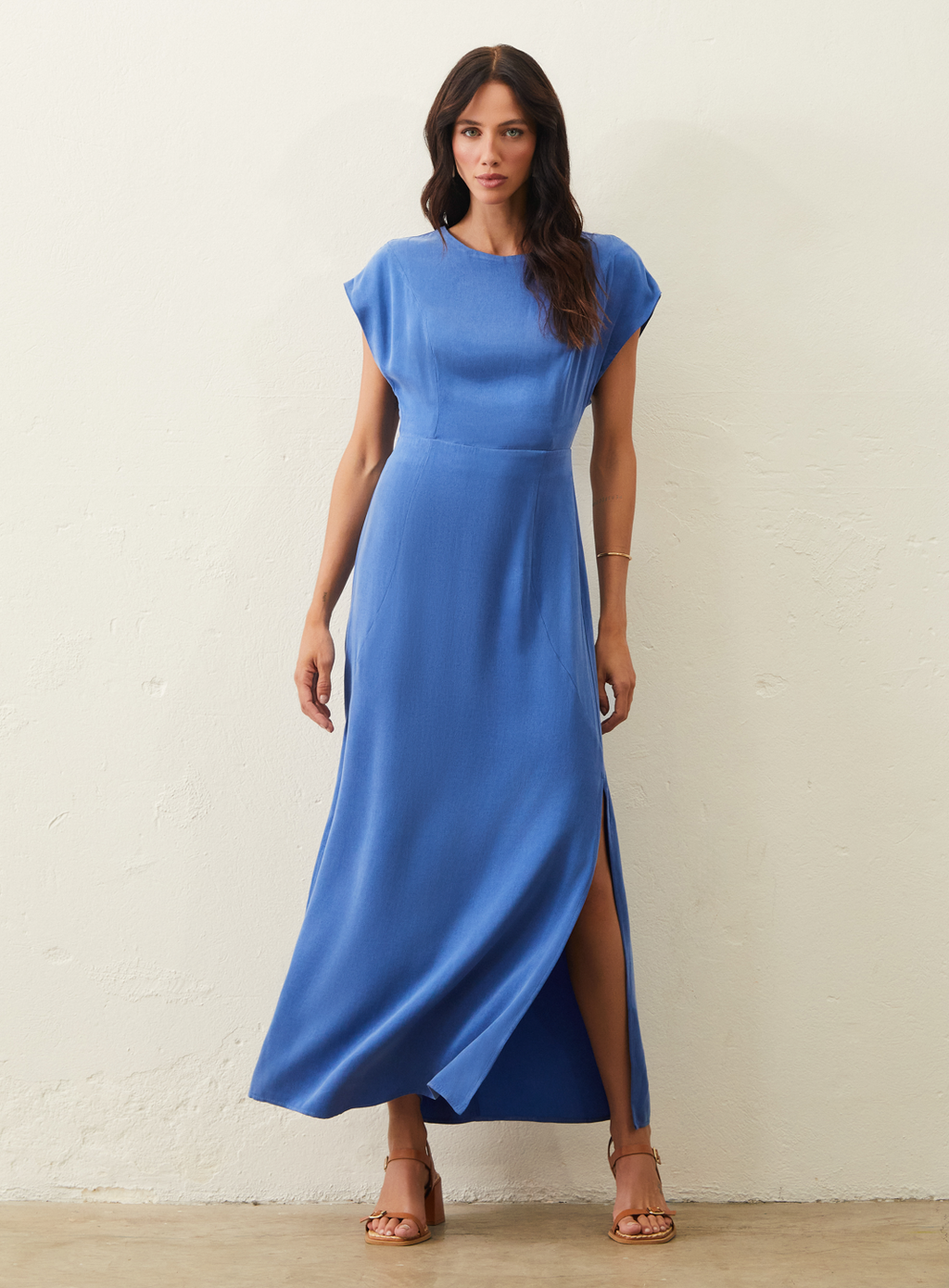 Vestido Longo Em Cupro - Azul