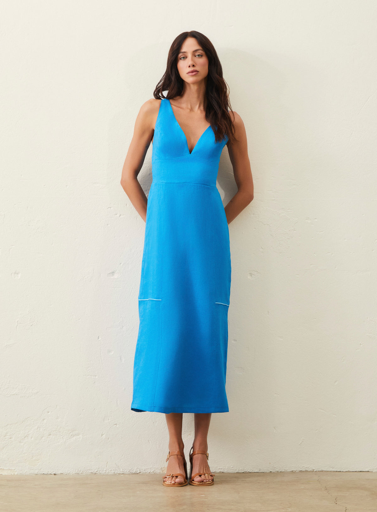 Vestido Midi De Linho Ton Sur Ton - Azul