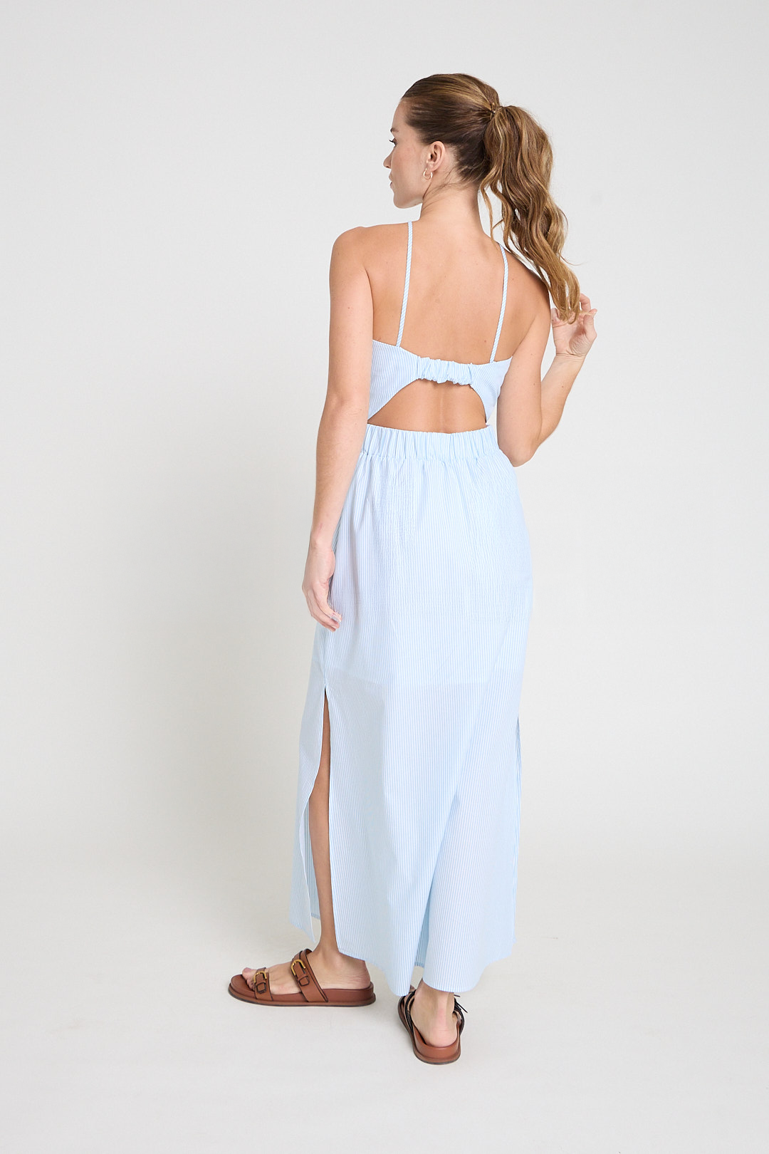 Vestido em tricoline listrado - Azul claro