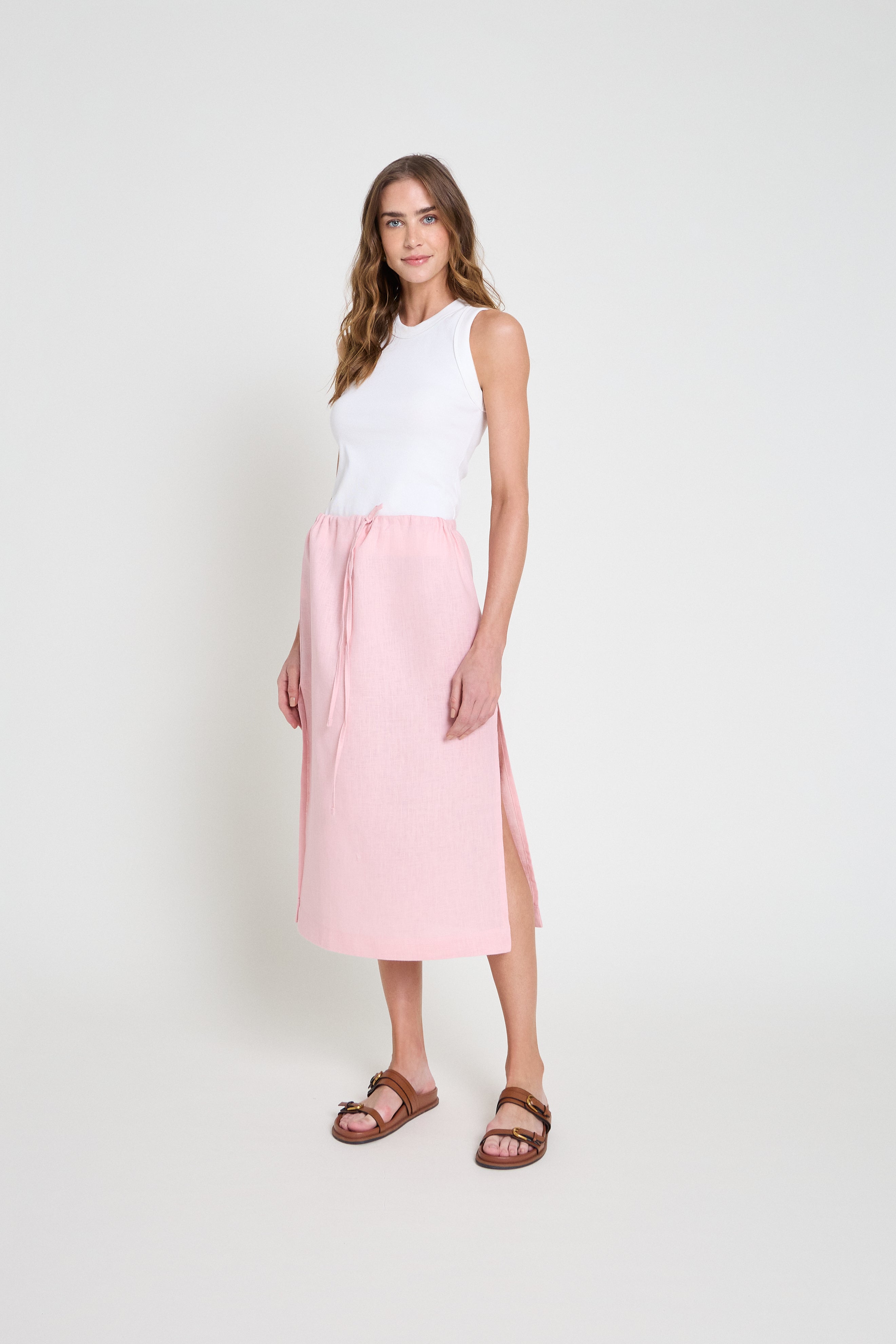 Saia em linho com fenda -  Rosa