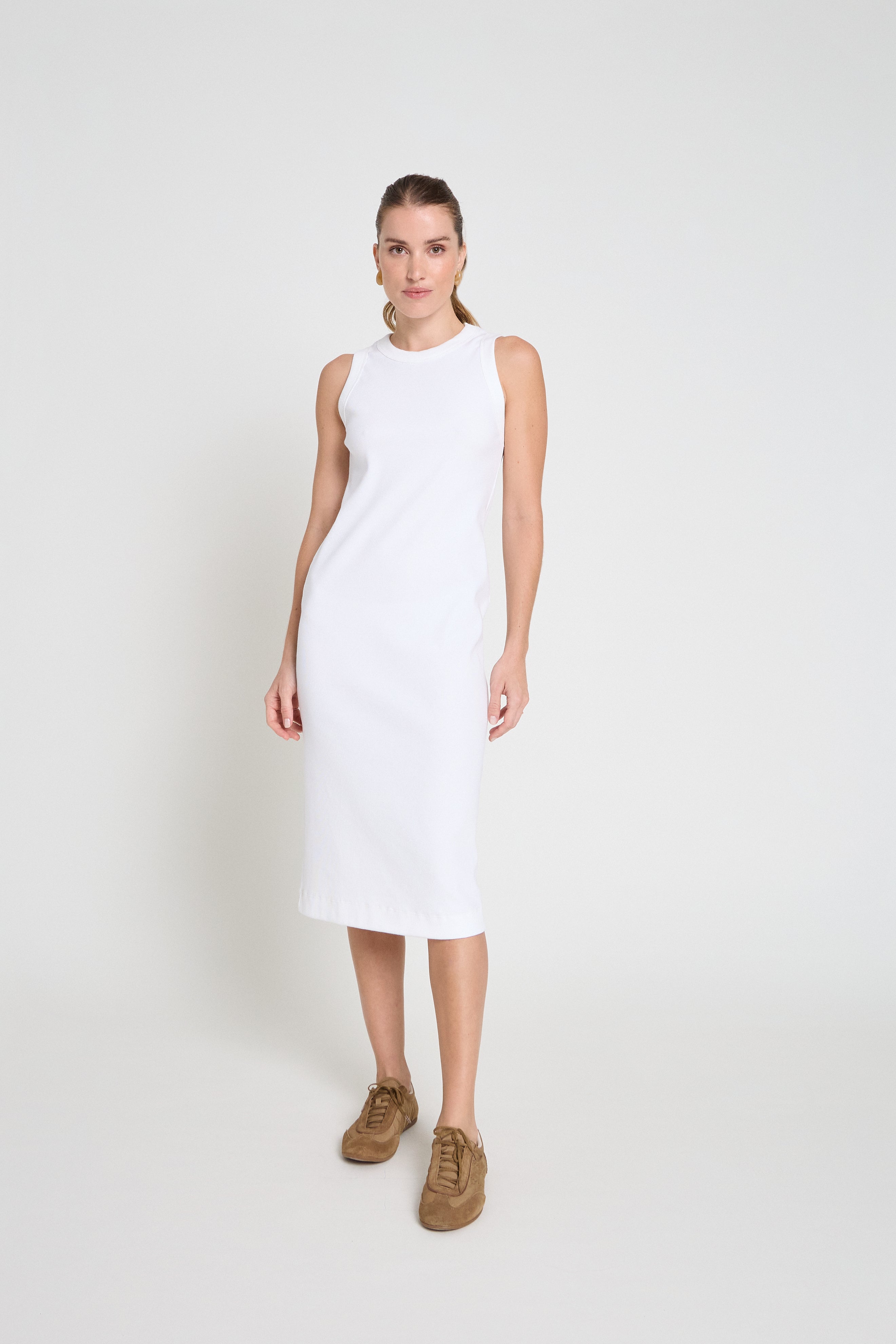 Vestido midi canelado em malha - Branco