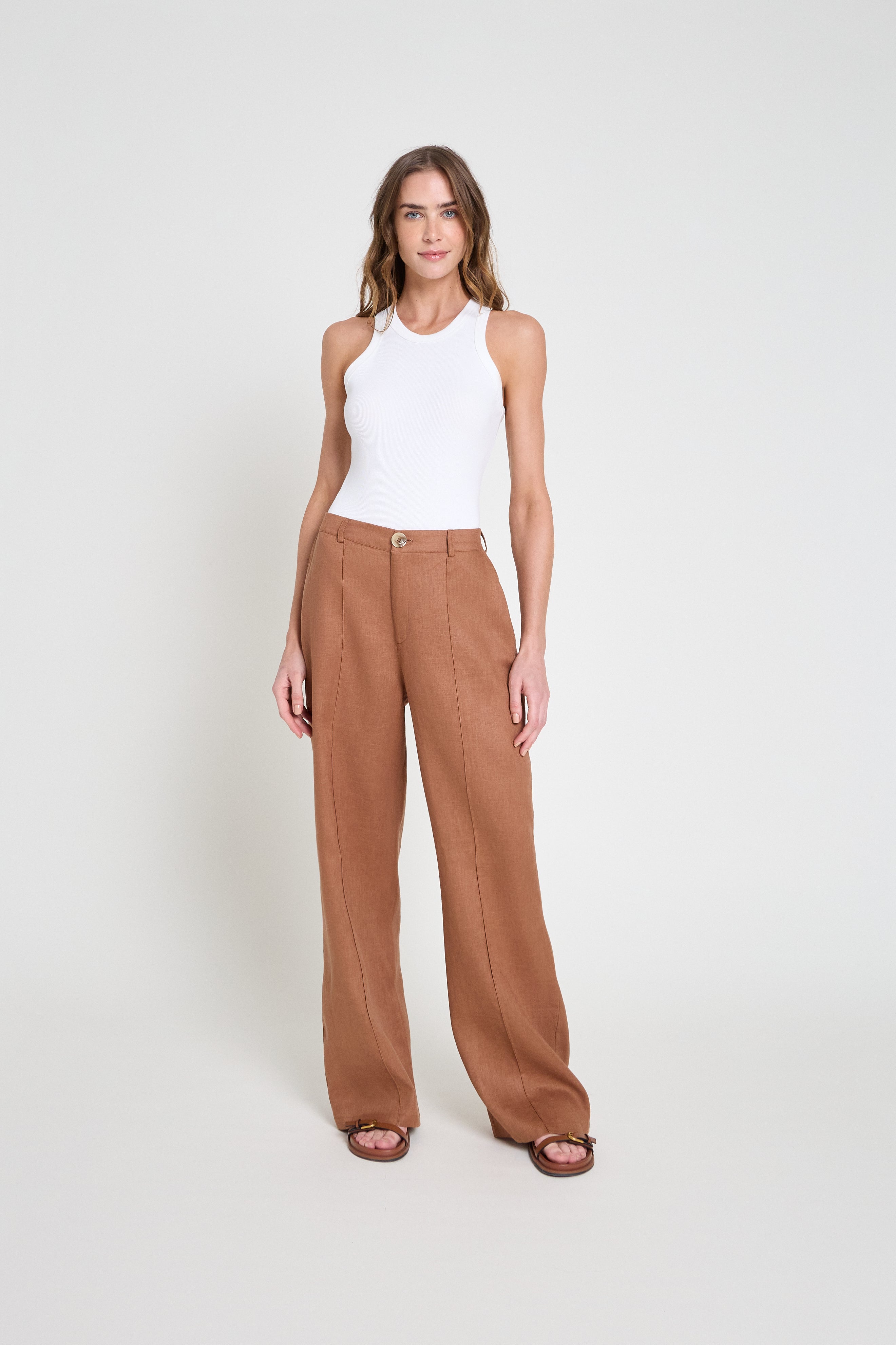 Calça wide leg em linho - Mocha