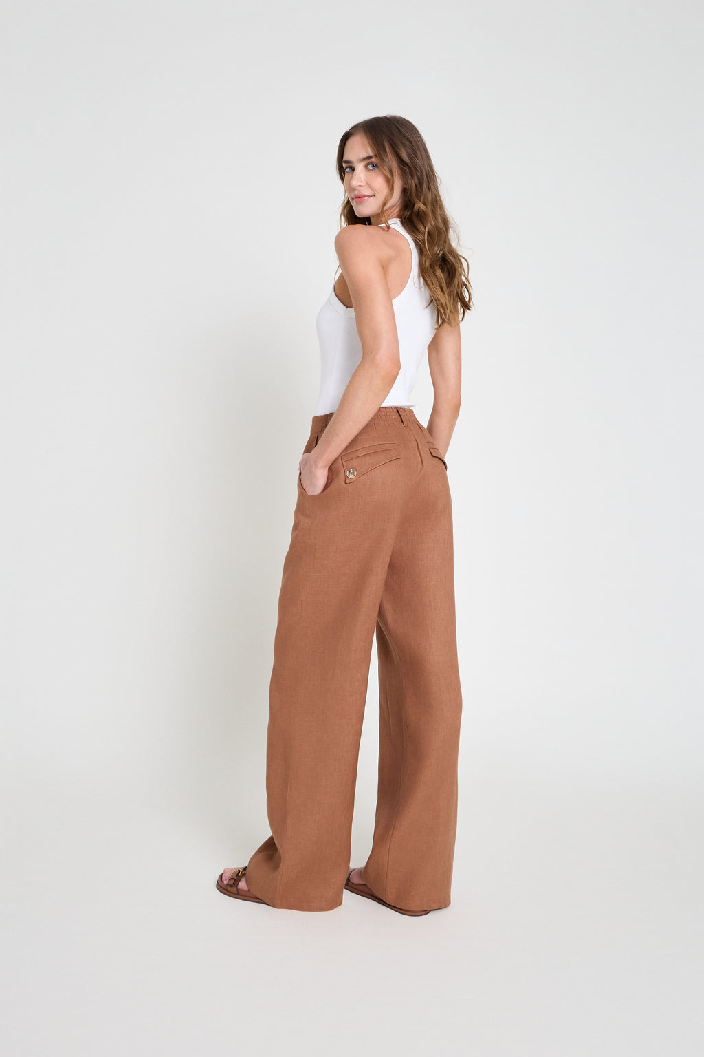 Calça wide leg em linho - Mocha