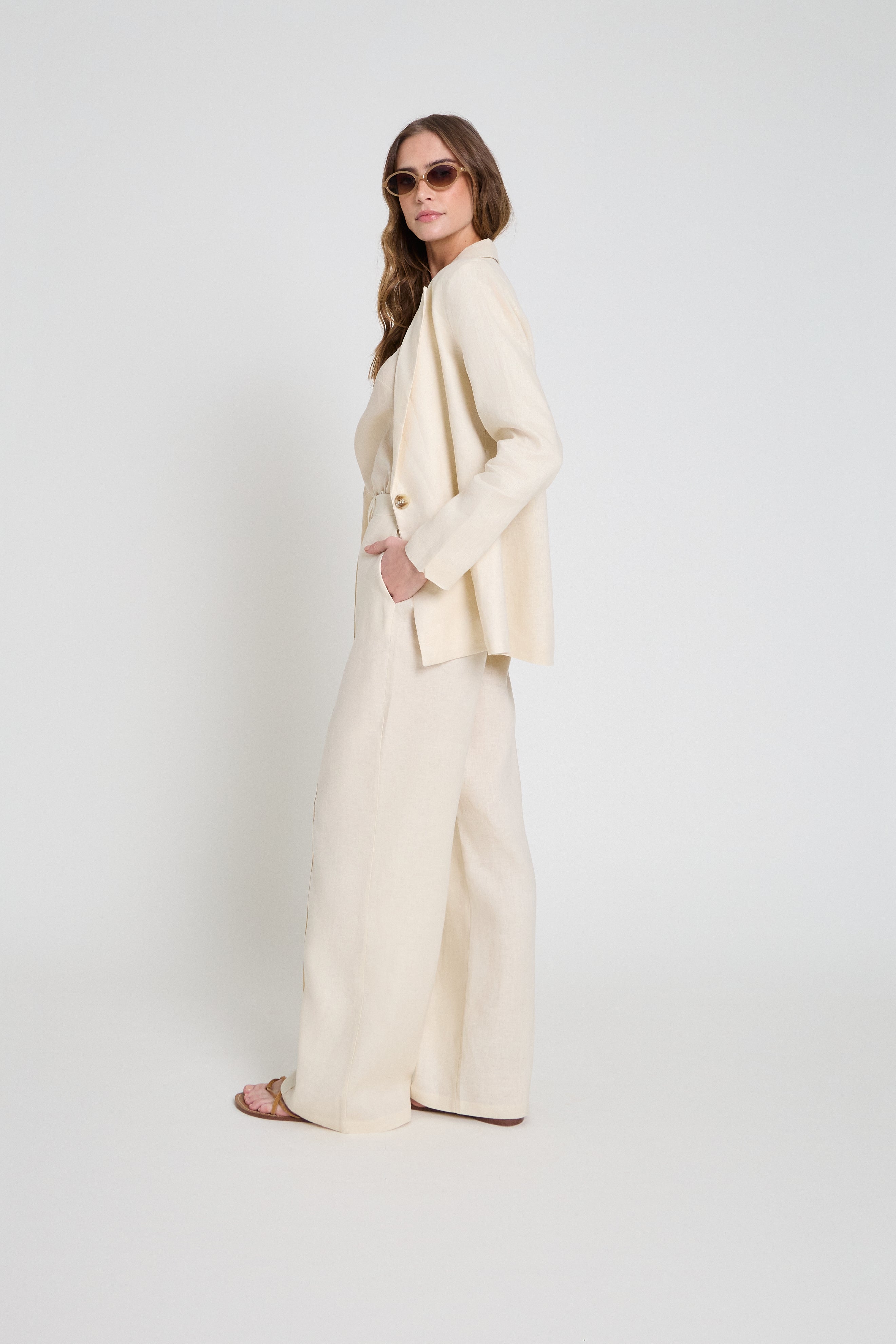 Calça wide leg em linho - Papel